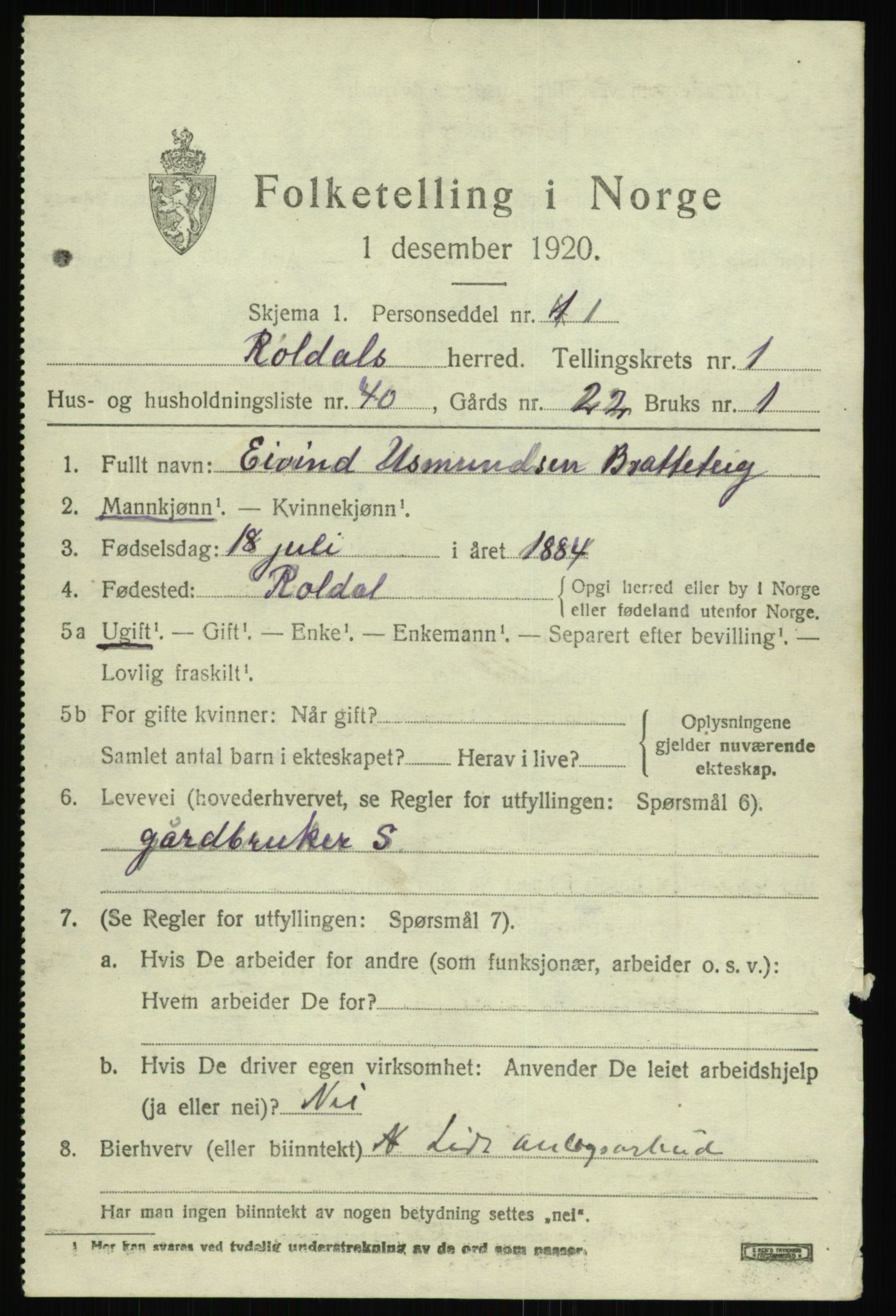 SAB, 1920 census for Røldal, 1920, p. 743