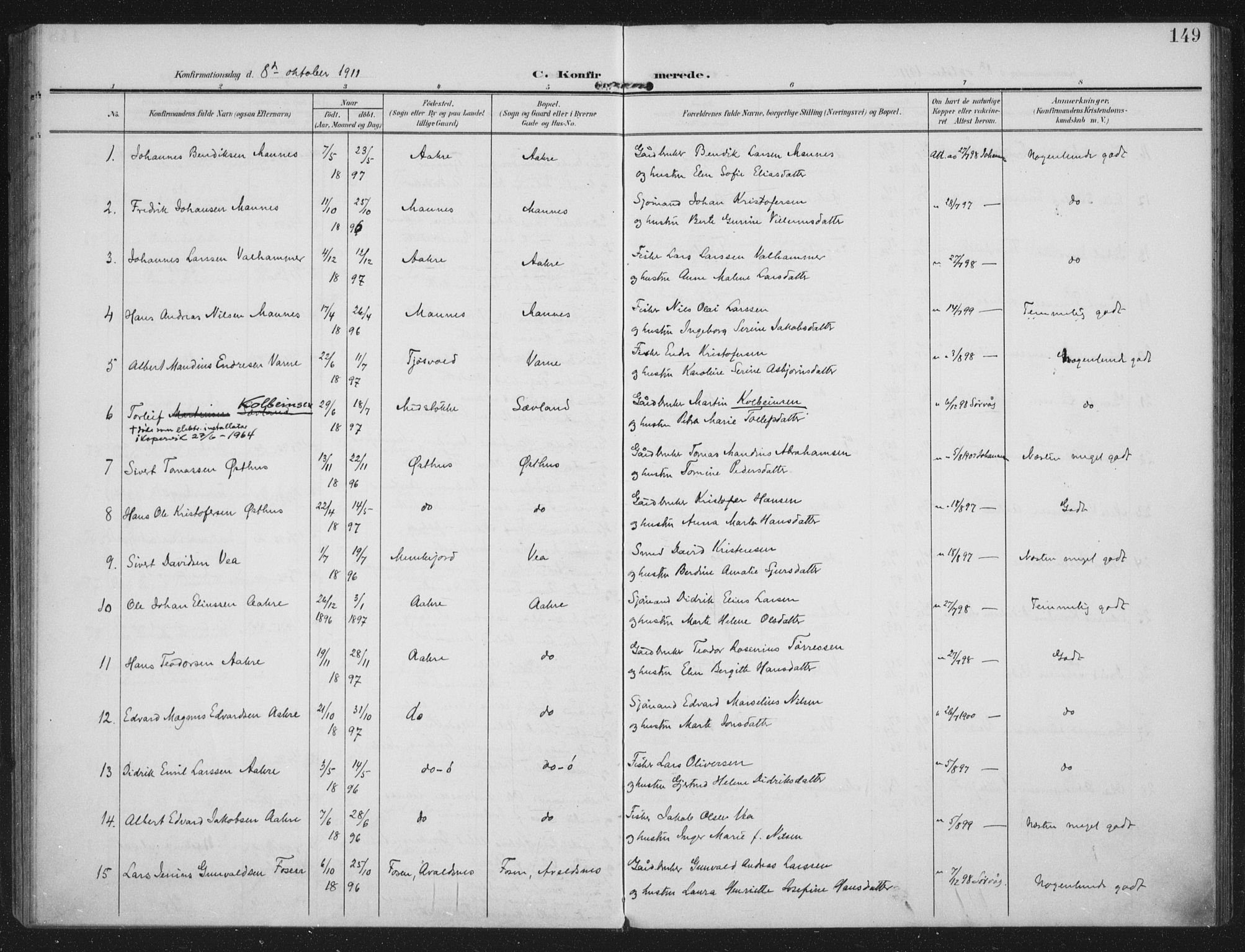 Kopervik sokneprestkontor, AV/SAST-A-101850/H/Ha/Haa/L0005: Parish register (official) no. A 5, 1906-1924, p. 149