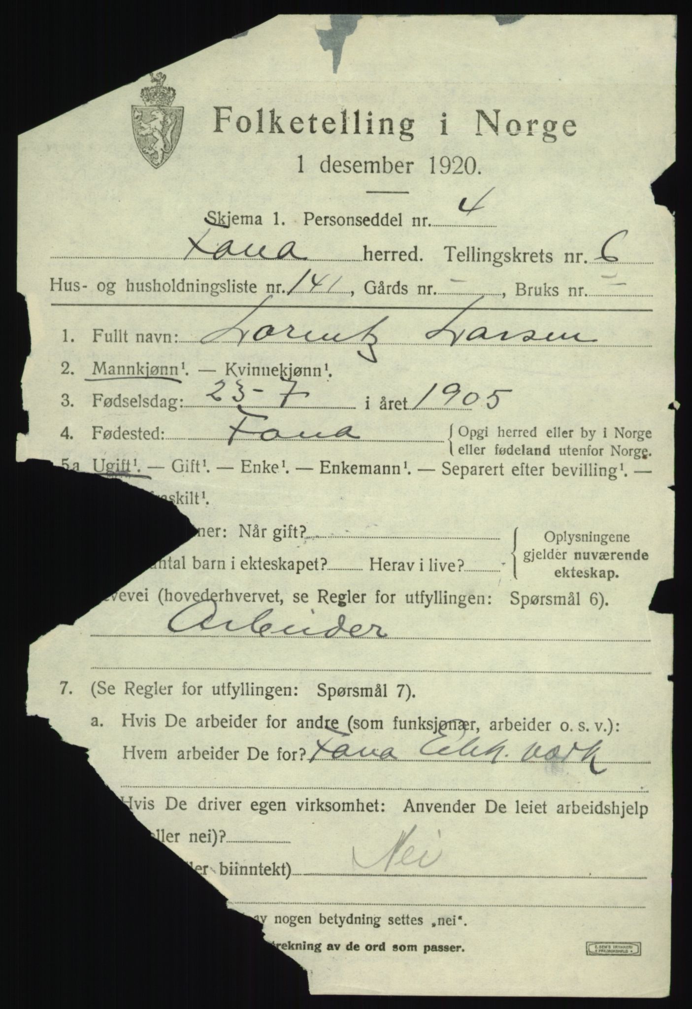 SAB, 1920 census for Fana, 1920, p. 12565