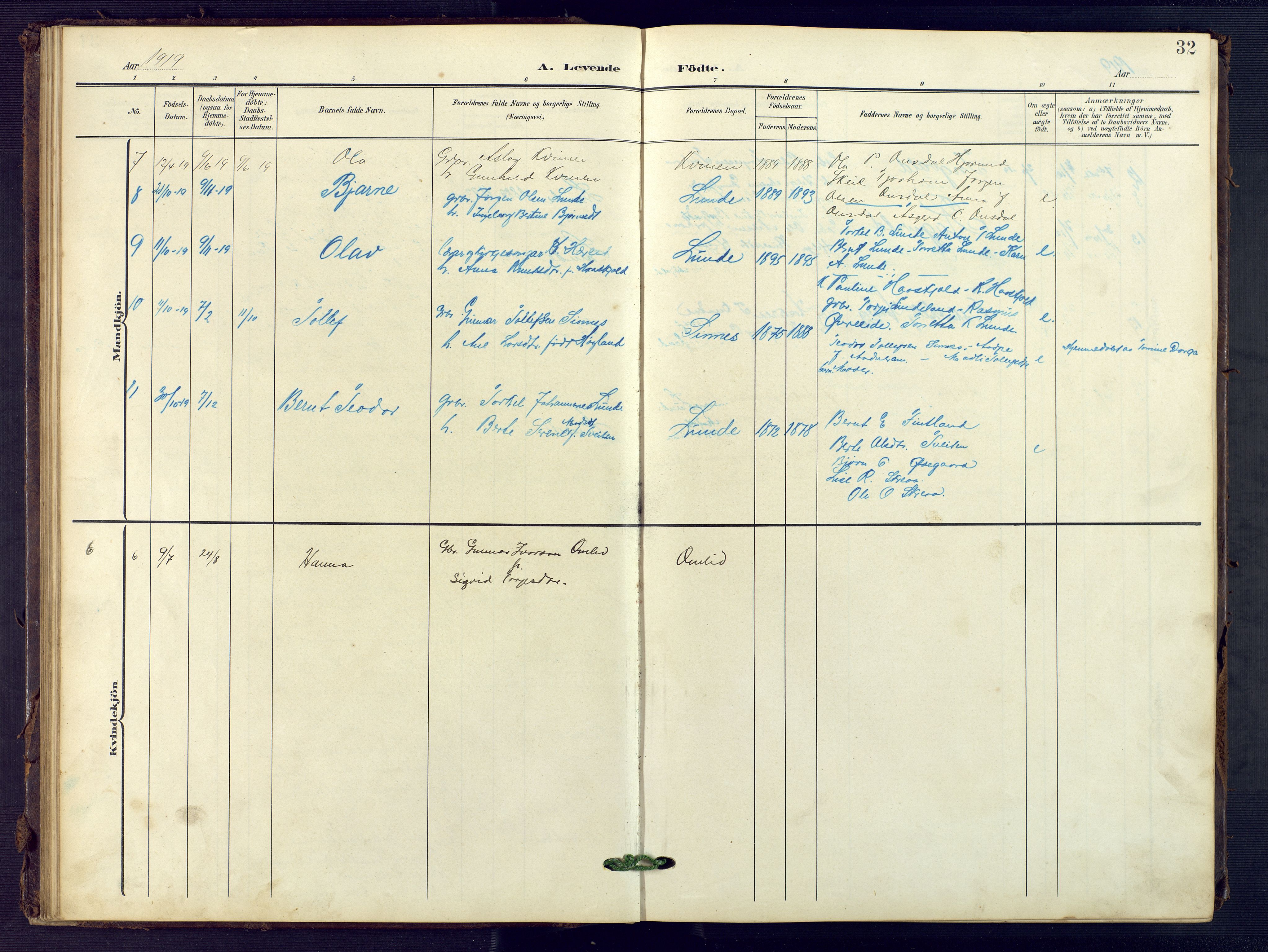 Sirdal sokneprestkontor, SAK/1111-0036/F/Fb/Fba/L0002: Parish register (copy) no. B 2, 1905-1958, p. 32