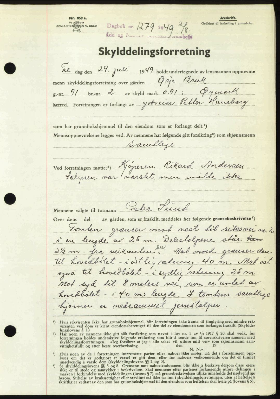 Idd og Marker sorenskriveri, AV/SAO-A-10283/G/Gb/Gbb/L0012: Mortgage book no. A12, 1949-1949, Diary no: : 1279/1949