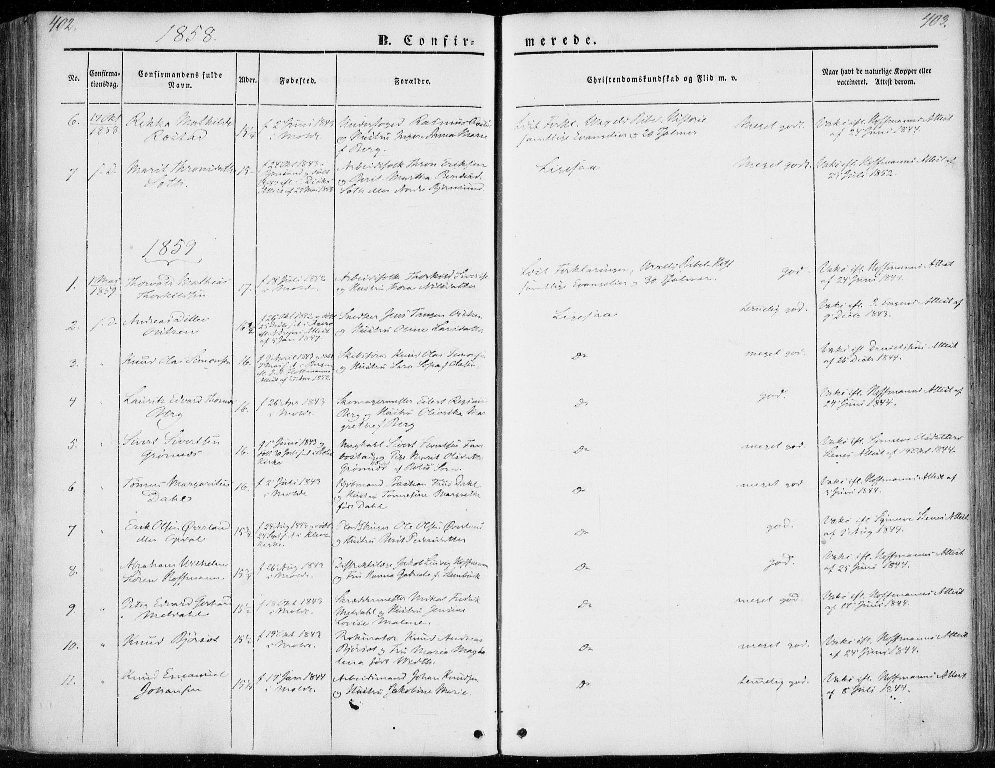 Ministerialprotokoller, klokkerbøker og fødselsregistre - Møre og Romsdal, SAT/A-1454/558/L0689: Parish register (official) no. 558A03, 1843-1872, p. 402-403