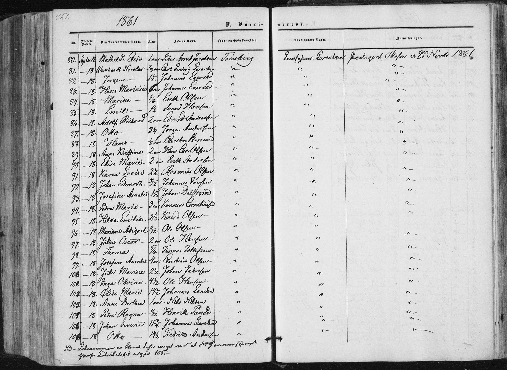 Tønsberg kirkebøker, AV/SAKO-A-330/F/Fa/L0008: Parish register (official) no. I 8, 1855-1864, p. 451