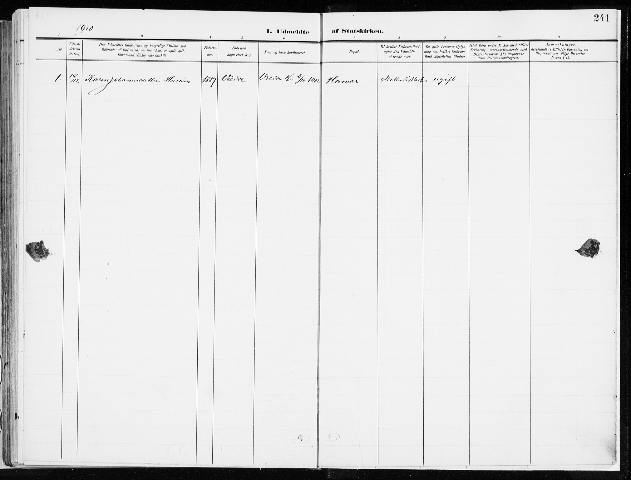 Ringsaker prestekontor, AV/SAH-PREST-014/K/Ka/L0019: Parish register (official) no. 19, 1905-1920, p. 241