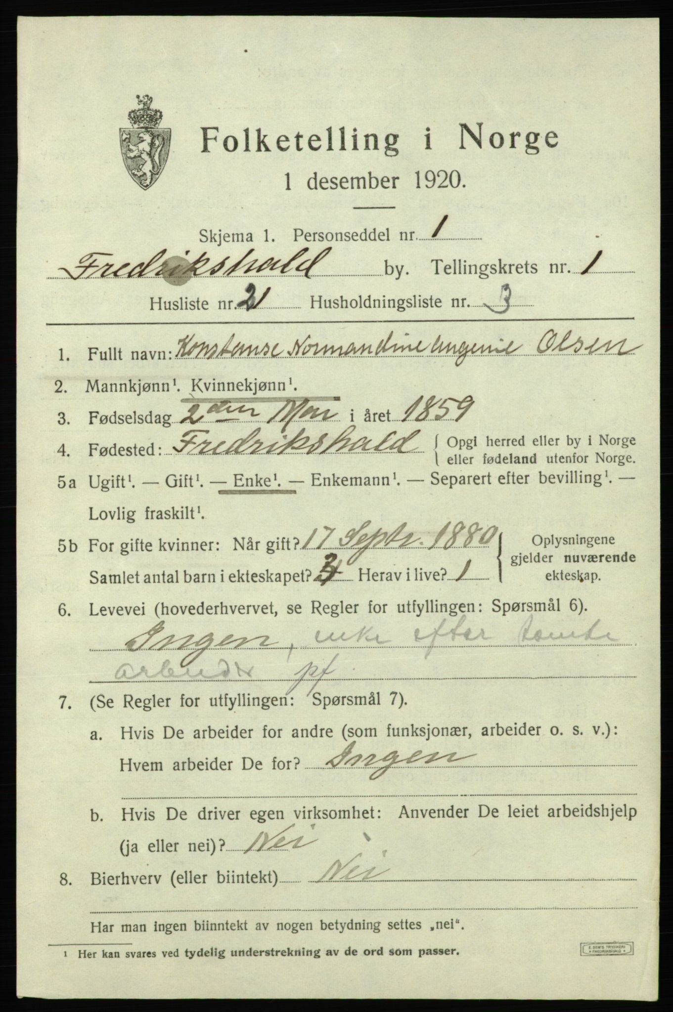 SAO, 1920 census for Fredrikshald, 1920, p. 8406