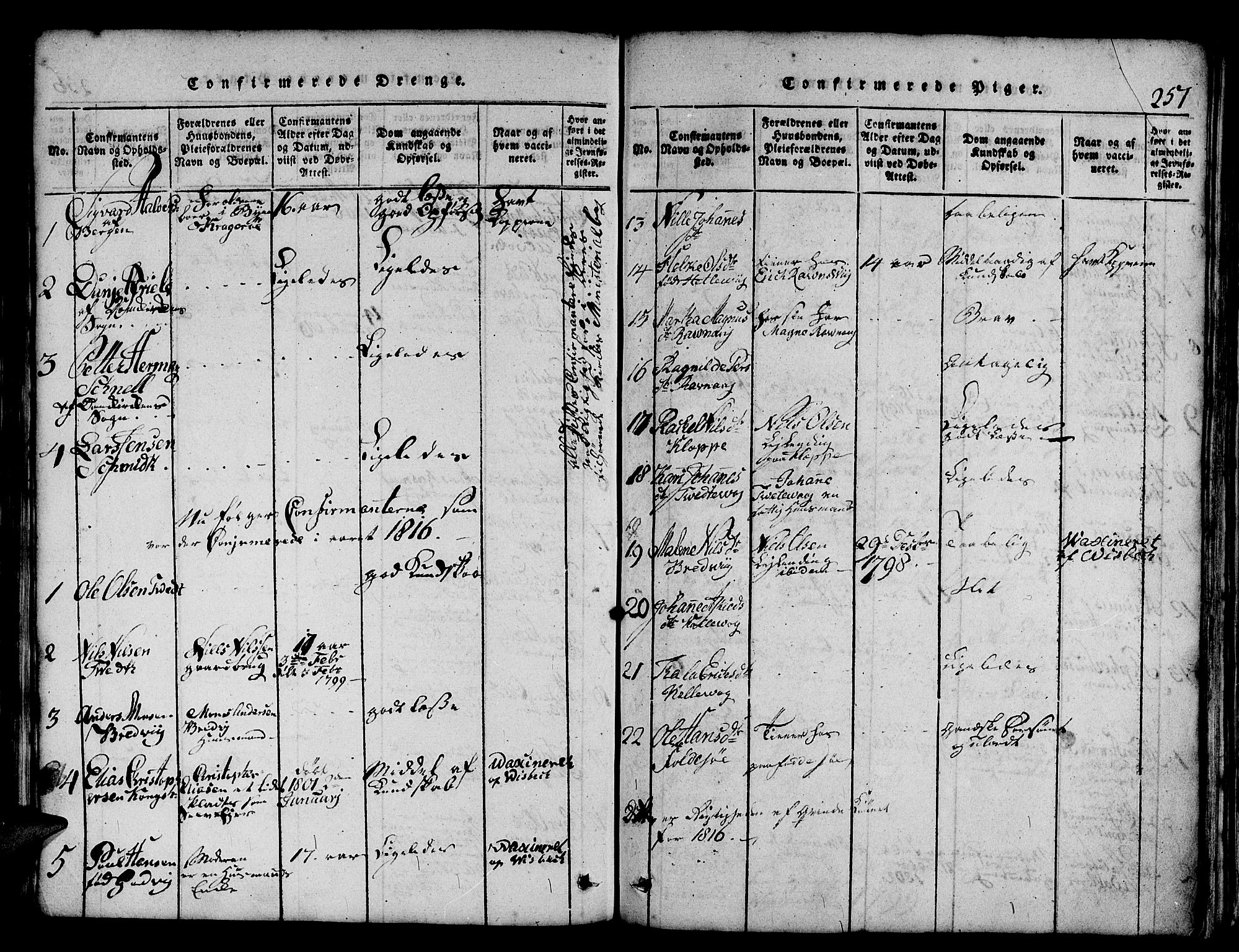 Askøy Sokneprestembete, AV/SAB-A-74101/H/Ha/Haa/Haaa/L0003: Parish register (official) no. A 3, 1815-1825, p. 257