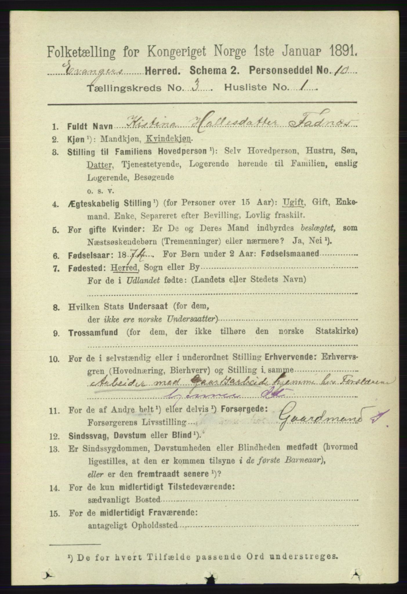 RA, 1891 census for 1237 Evanger, 1891, p. 861