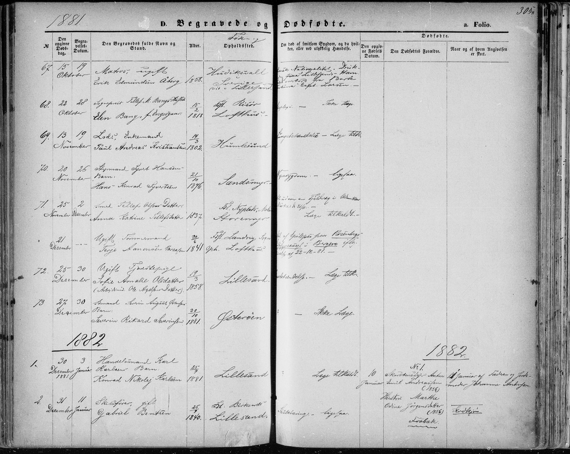 Vestre Moland sokneprestkontor, SAK/1111-0046/F/Fa/Fab/L0008: Parish register (official) no. A 8, 1873-1883, p. 305