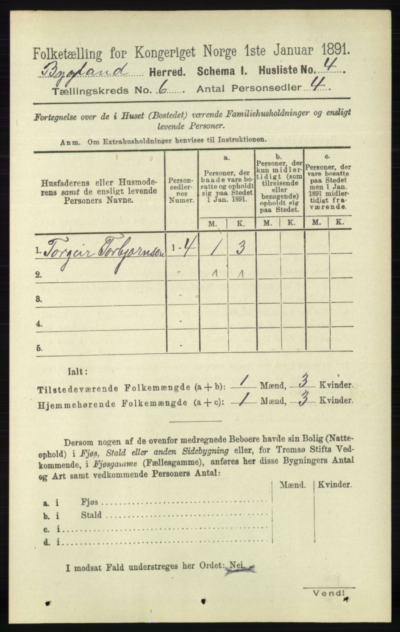 RA, 1891 census for 0938 Bygland, 1891, p. 1311