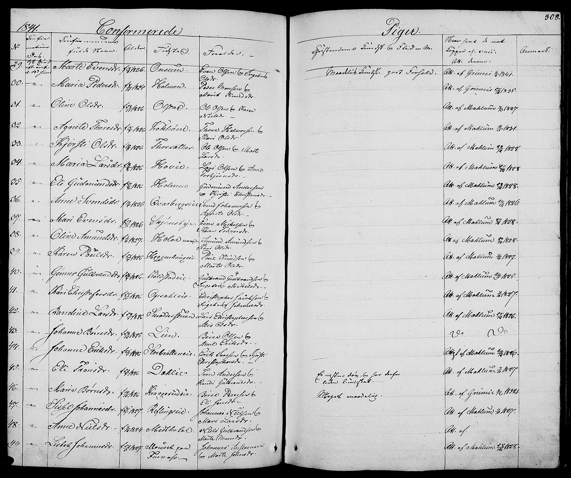 Ringsaker prestekontor, AV/SAH-PREST-014/L/La/L0005: Parish register (copy) no. 5, 1839-1850, p. 308