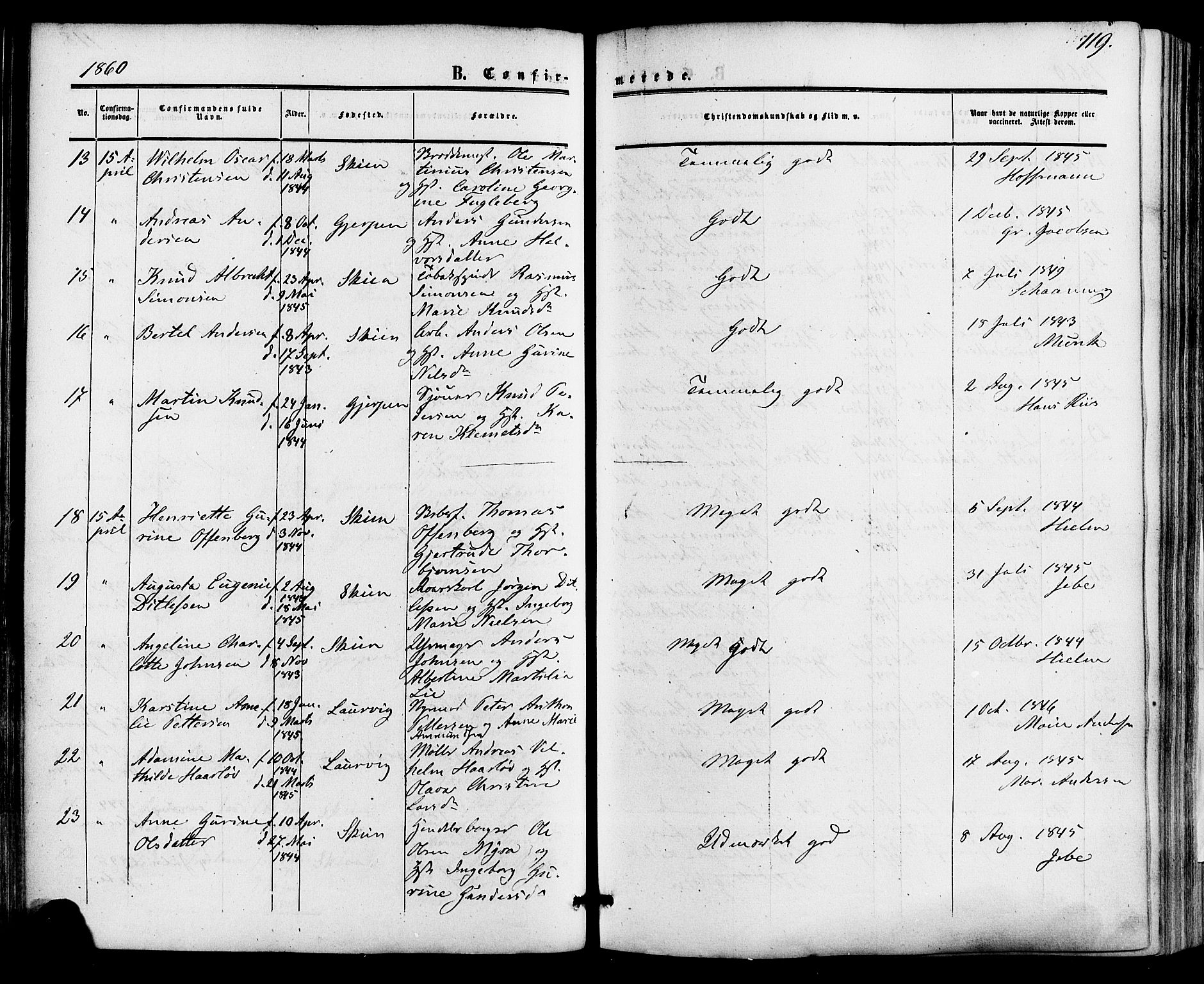 Skien kirkebøker, AV/SAKO-A-302/F/Fa/L0007: Parish register (official) no. 7, 1856-1865, p. 119