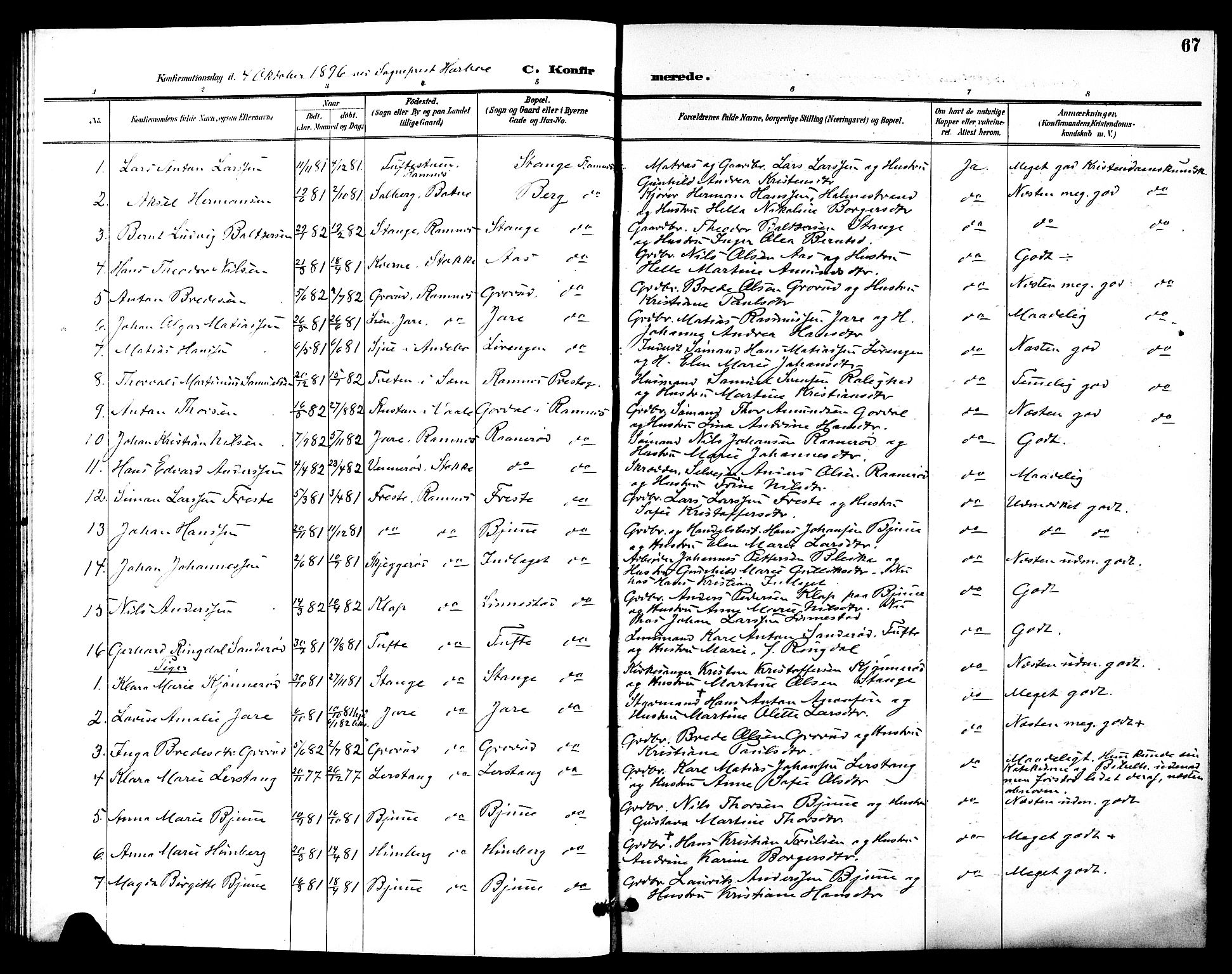 Ramnes kirkebøker, AV/SAKO-A-314/G/Ga/L0004: Parish register (copy) no. I 4, 1896-1911, p. 67