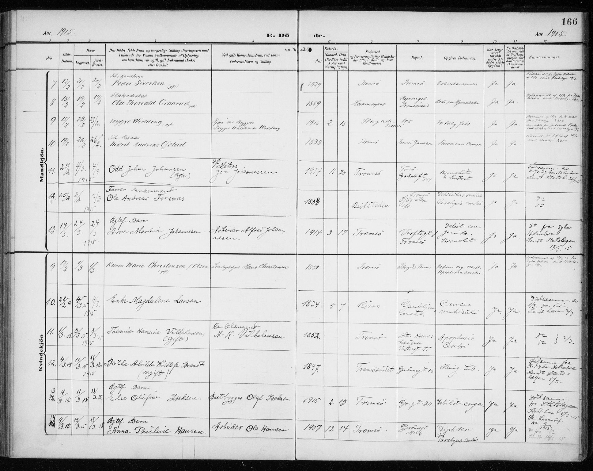 Tromsø sokneprestkontor/stiftsprosti/domprosti, AV/SATØ-S-1343/G/Ga/L0018kirke: Parish register (official) no. 18, 1907-1917, p. 166