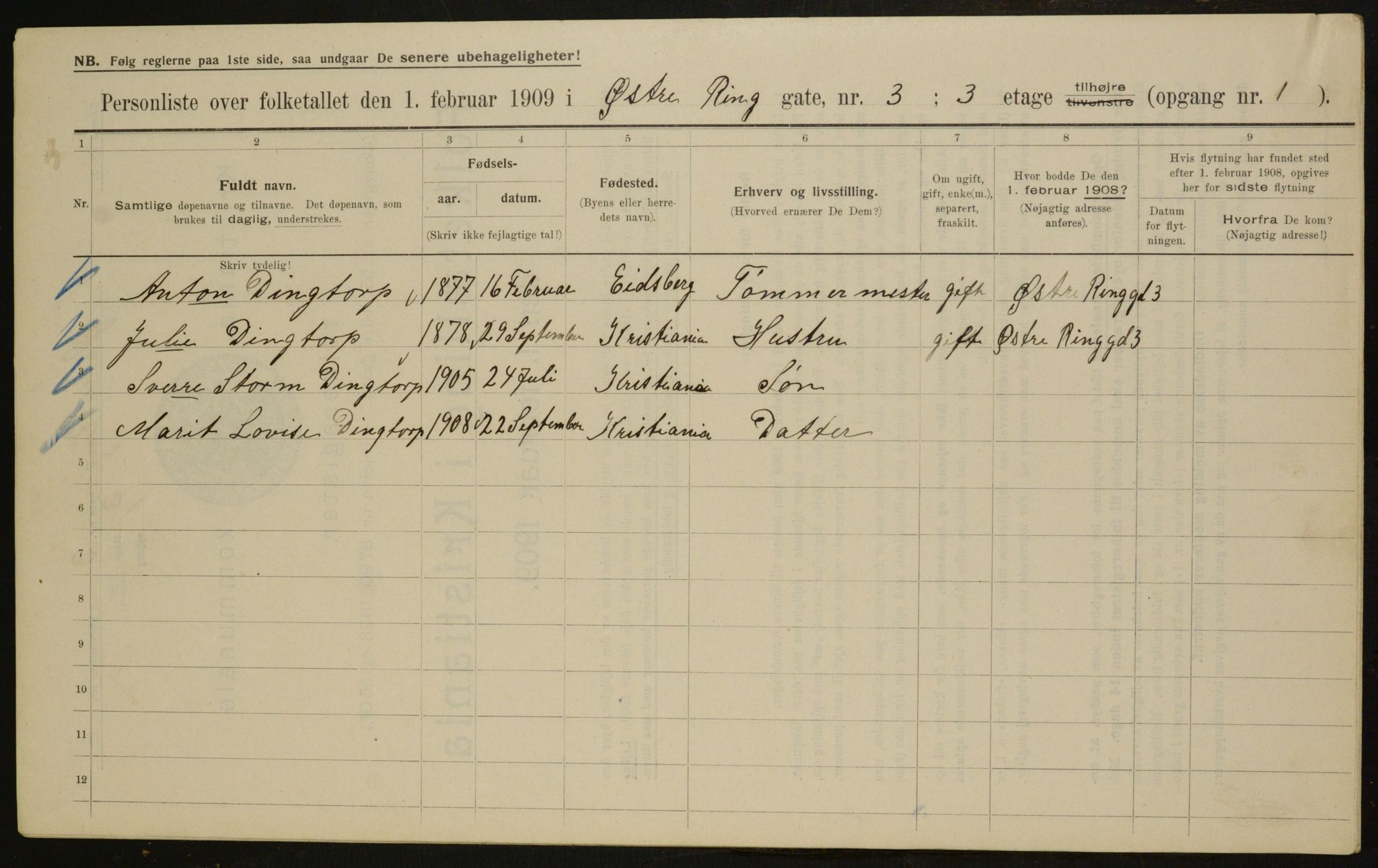 OBA, Municipal Census 1909 for Kristiania, 1909, p. 41444