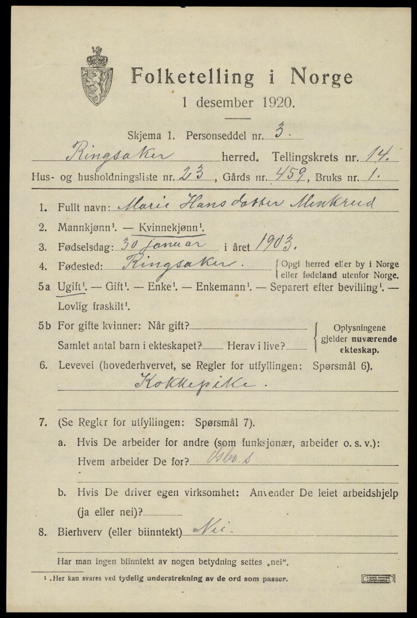 SAH, 1920 census for Ringsaker, 1920, p. 21842