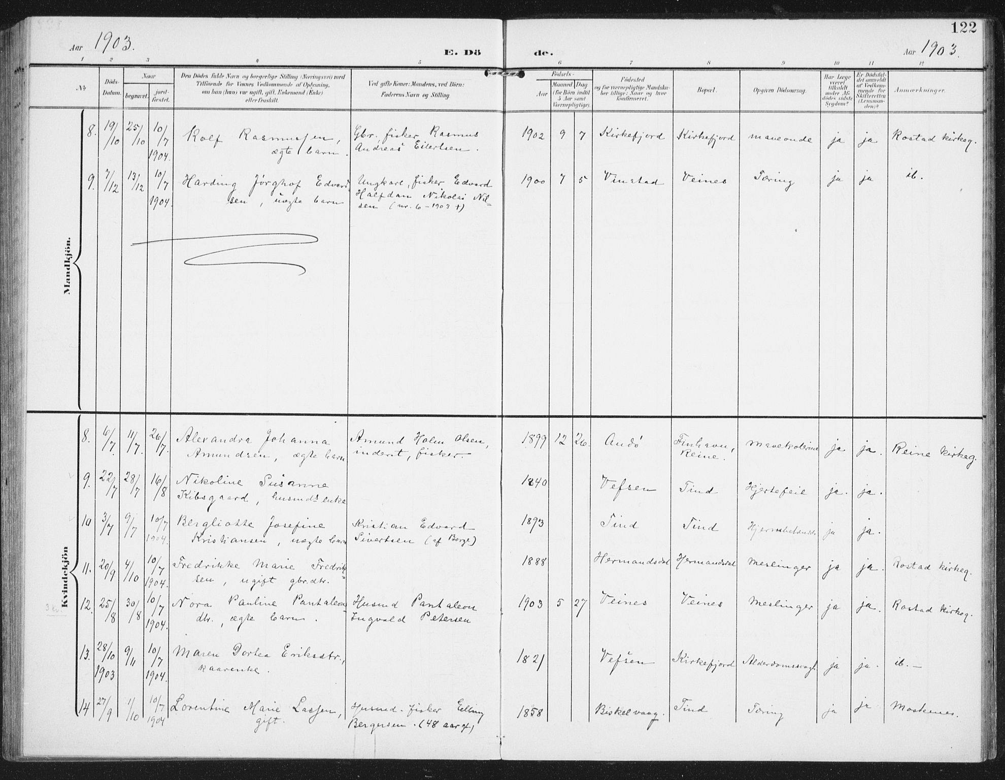 Ministerialprotokoller, klokkerbøker og fødselsregistre - Nordland, AV/SAT-A-1459/886/L1221: Parish register (official) no. 886A03, 1903-1913, p. 122