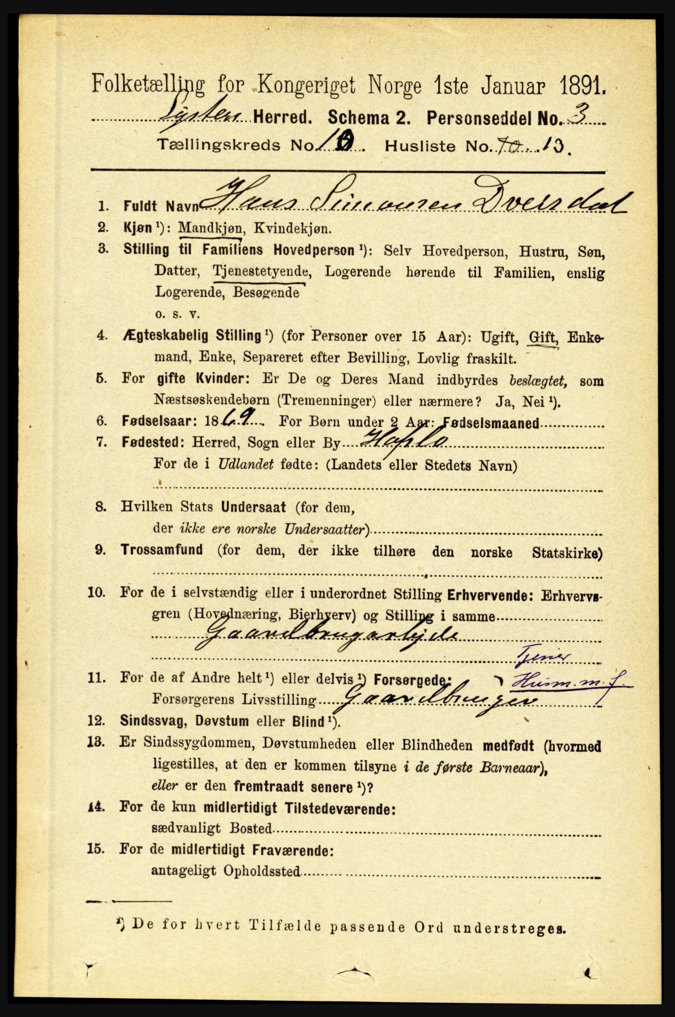 RA, 1891 census for 1426 Luster, 1891, p. 3174