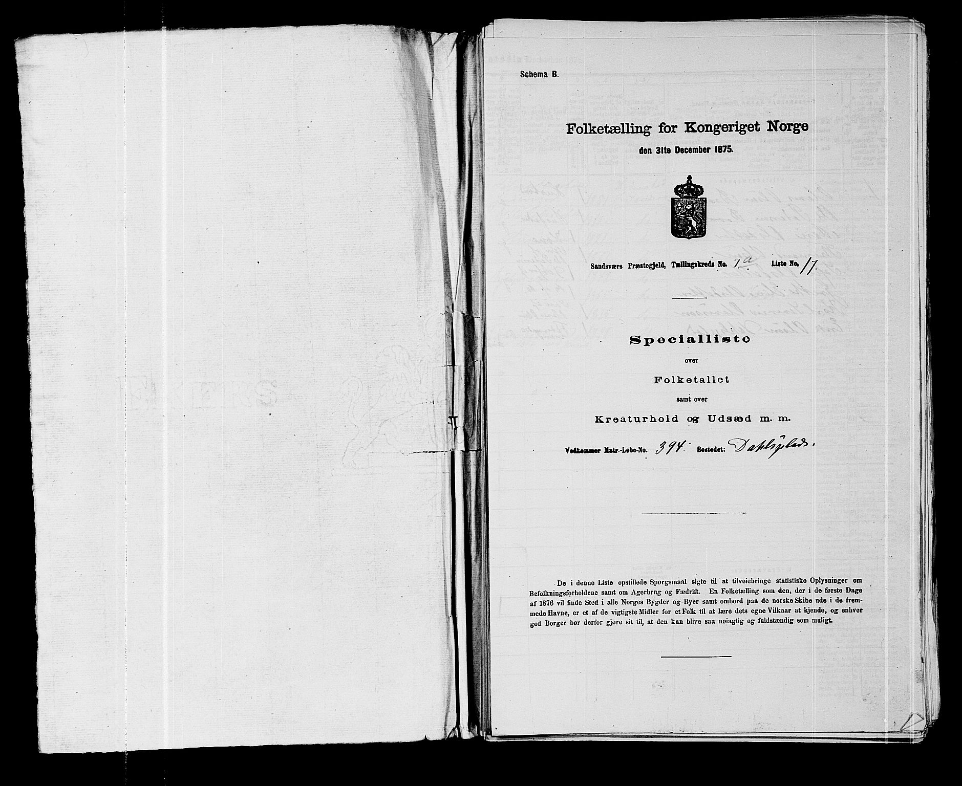 SAKO, 1875 census for 0629P Sandsvær, 1875, p. 1287