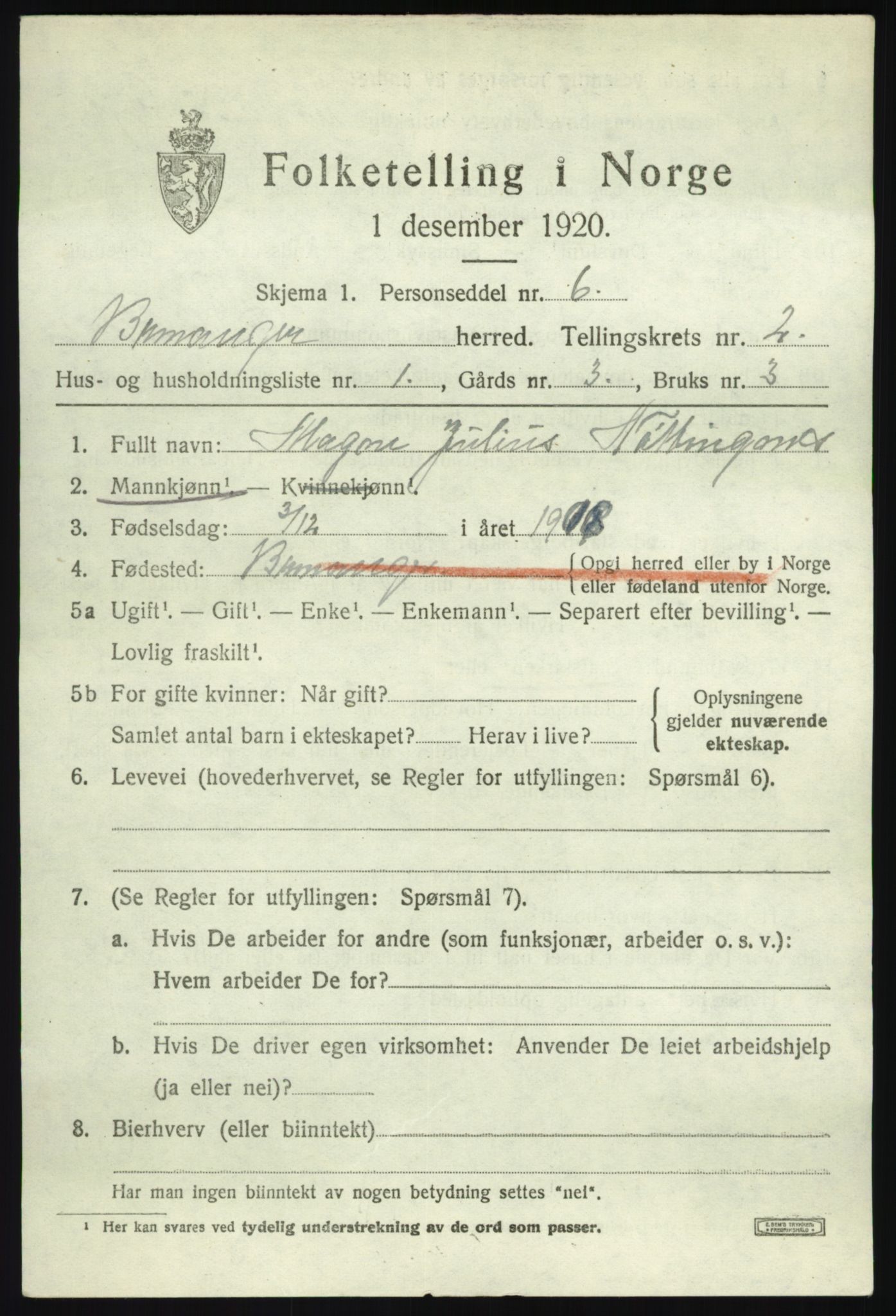 SAB, 1920 census for Bremanger, 1920, p. 1748