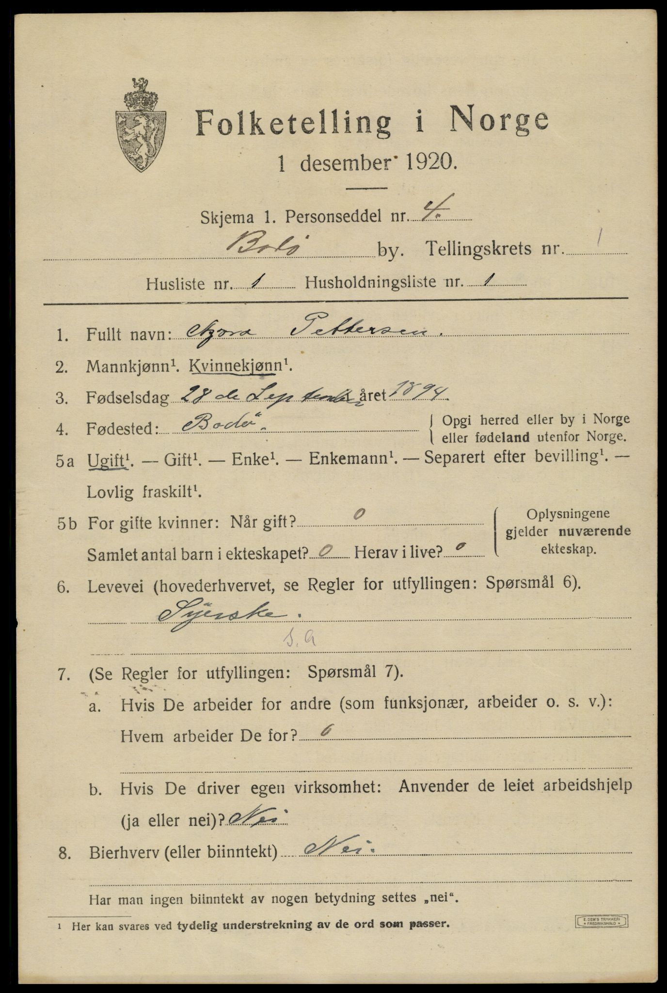 SAT, 1920 census for Bodø, 1920, p. 3299