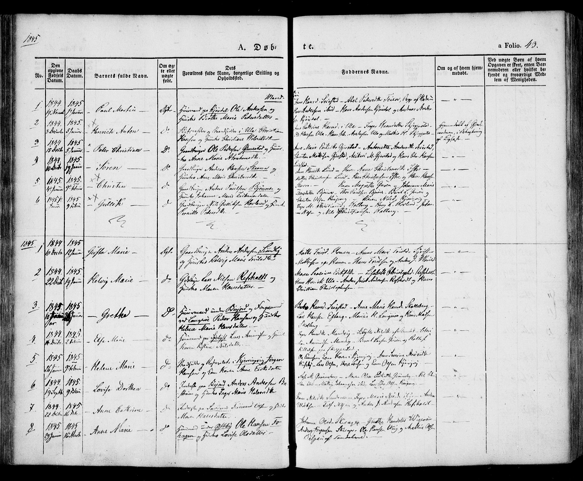 Tjølling kirkebøker, SAKO/A-60/F/Fa/L0006: Parish register (official) no. 6, 1835-1859, p. 43