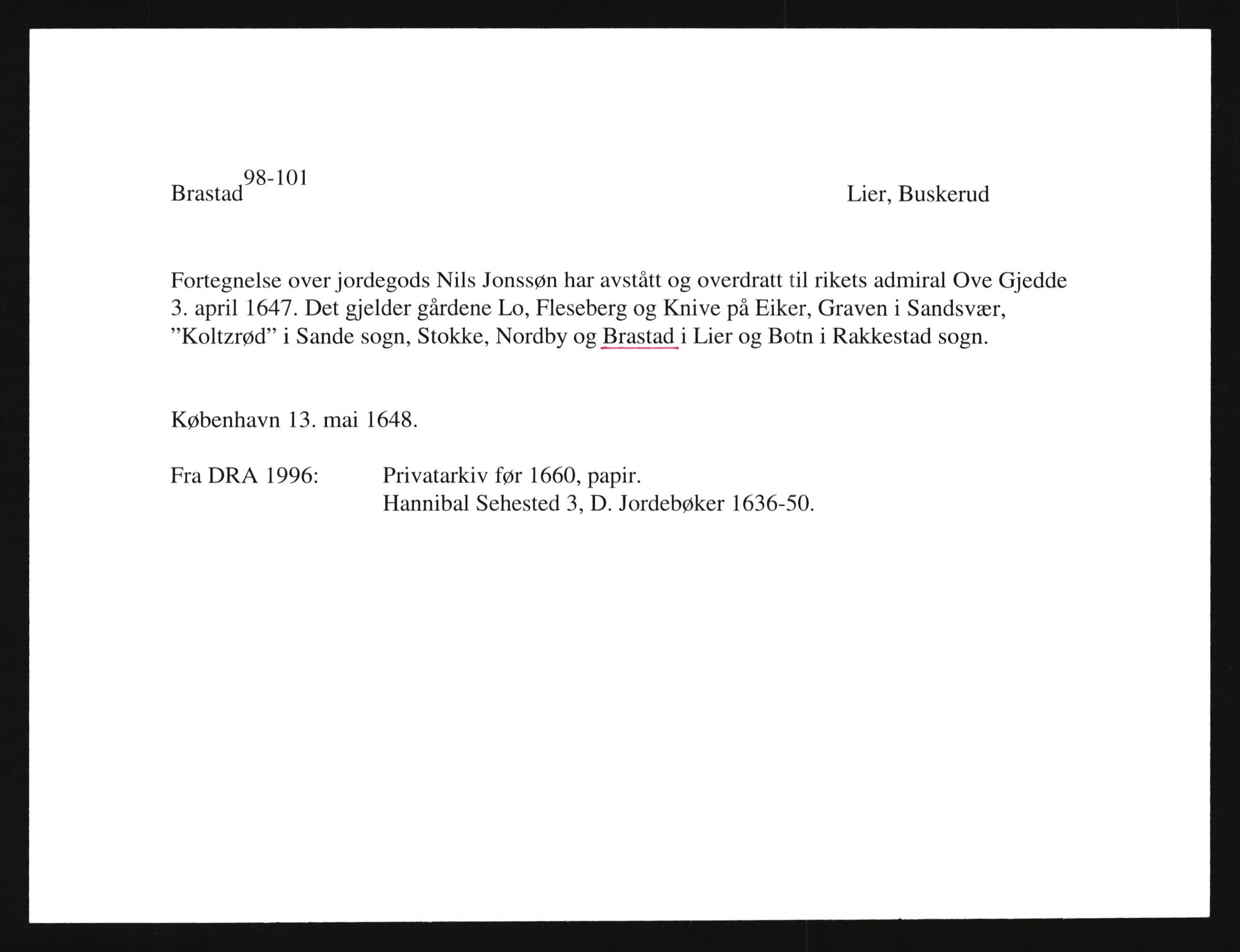 Riksarkivets diplomsamling, AV/RA-EA-5965/F35/F35e/L0016: Registreringssedler Buskerud 5, 1400-1700, p. 33