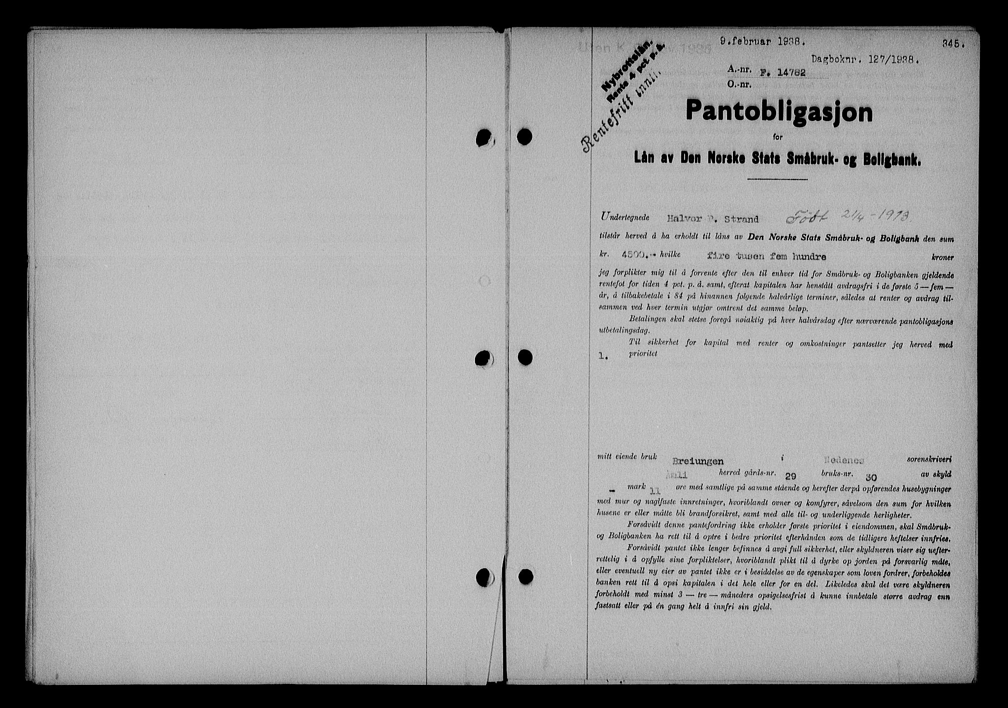Nedenes sorenskriveri, AV/SAK-1221-0006/G/Gb/Gba/L0044: Mortgage book no. 40, 1937-1938, Diary no: : 127/1938