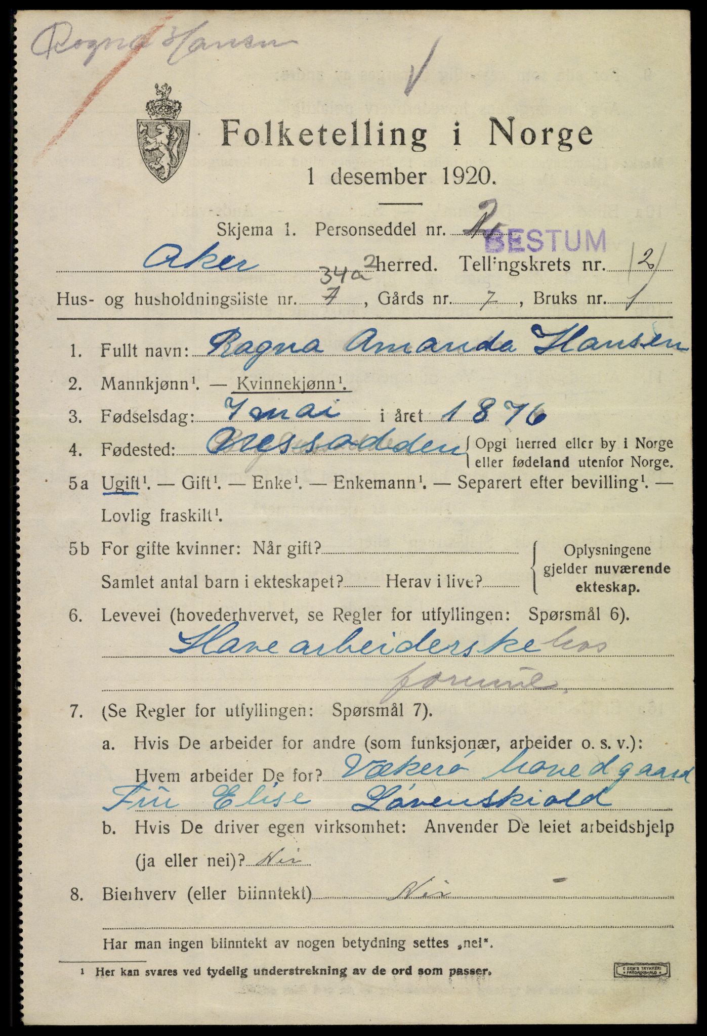 SAO, 1920 census for Aker, 1920, p. 27146