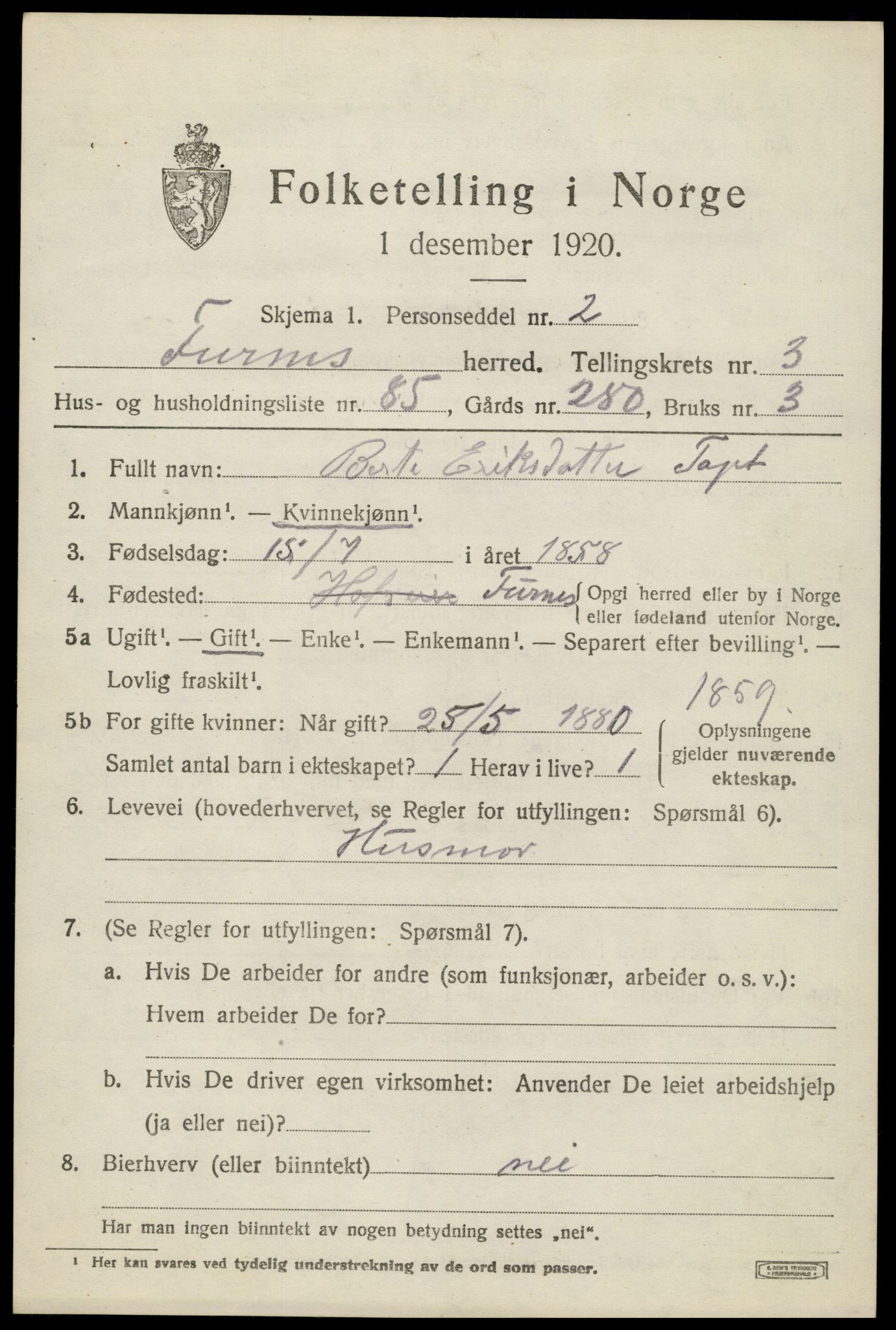 SAH, 1920 census for Furnes, 1920, p. 5661