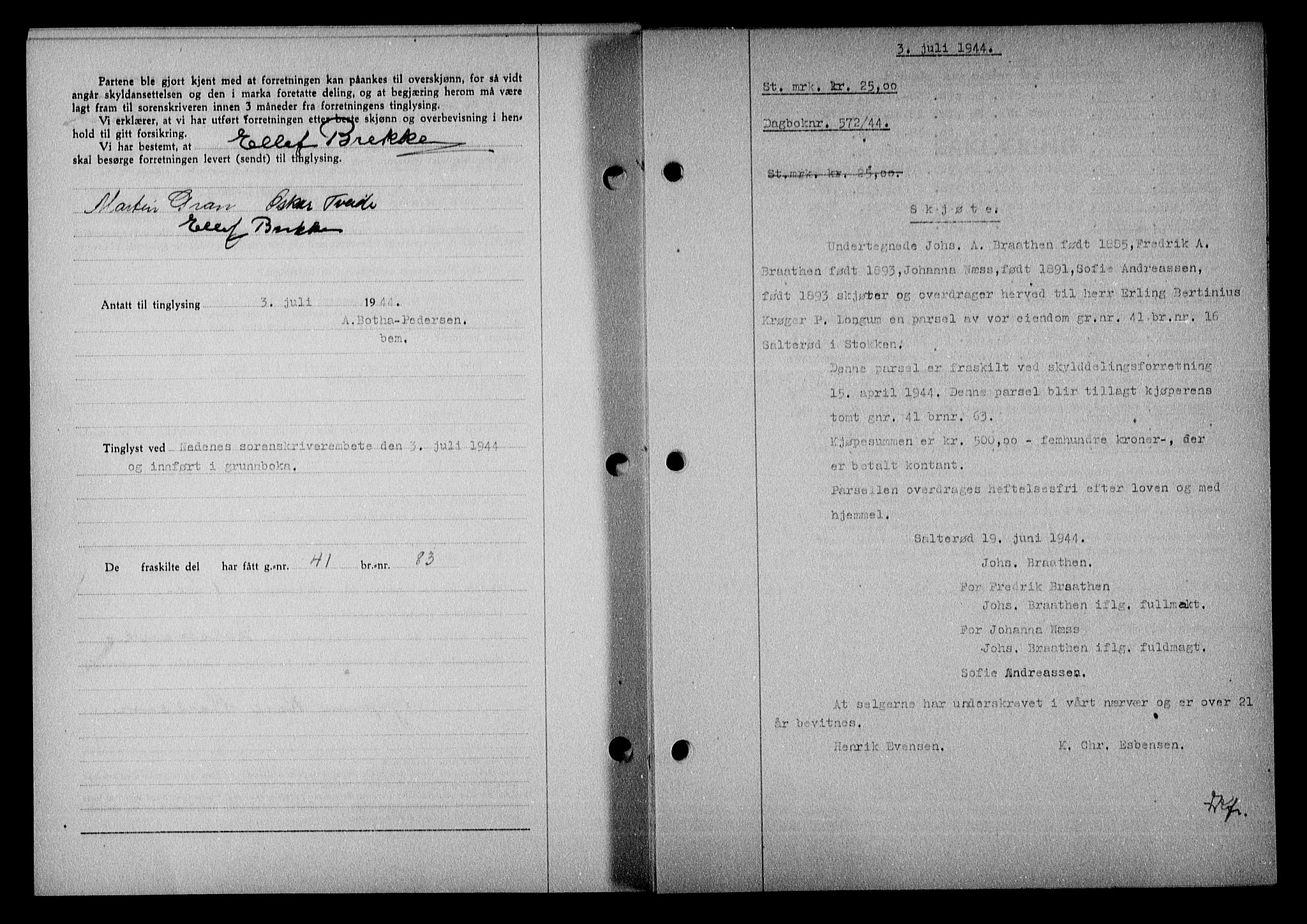 Nedenes sorenskriveri, SAK/1221-0006/G/Gb/Gba/L0051: Mortgage book no. A-V, 1943-1944, Diary no: : 572/1944