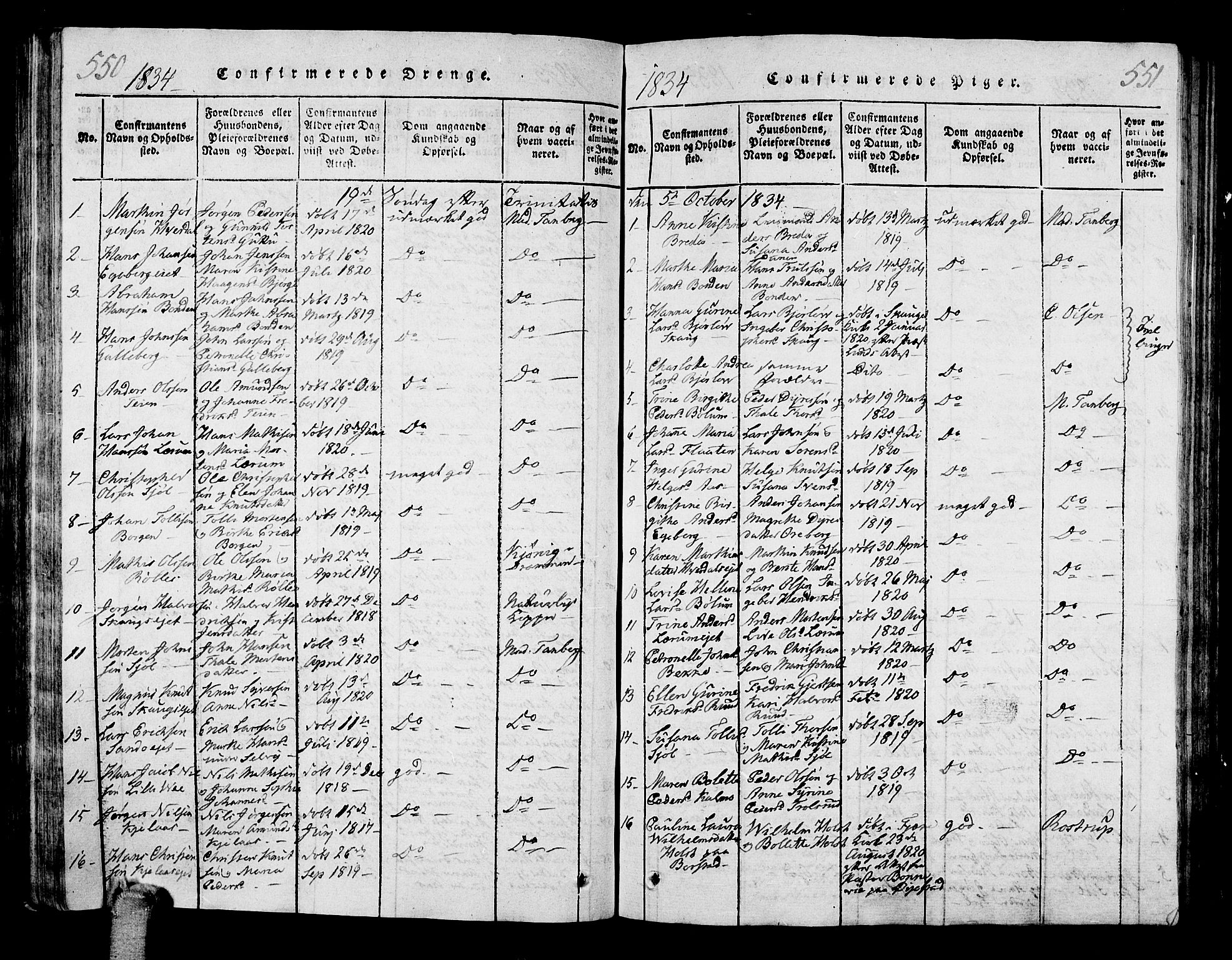 Sande Kirkebøker, AV/SAKO-A-53/G/Ga/L0001: Parish register (copy) no. 1, 1814-1847, p. 550-551