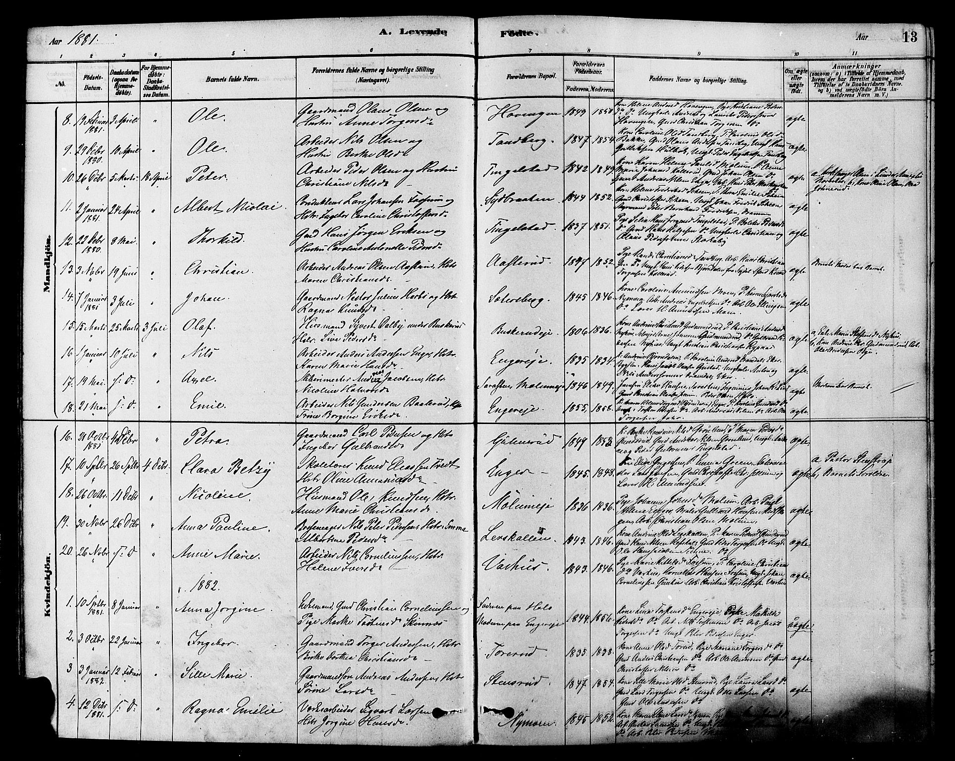 Modum kirkebøker, AV/SAKO-A-234/F/Fa/L0015: Parish register (official) no. 15 /1, 1877-1889, p. 13