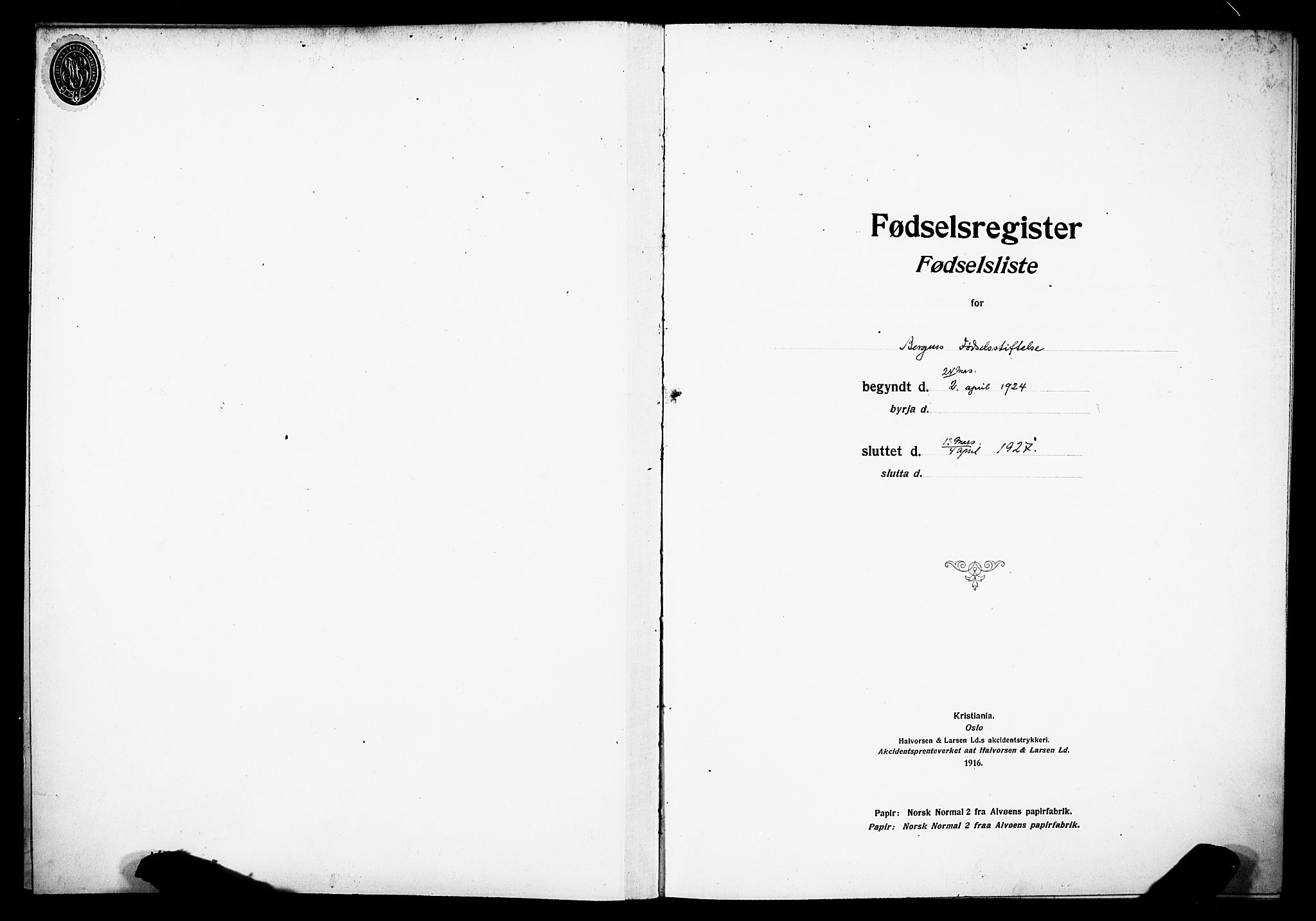 Kvinneklinikken, SAB/A-76301/F/L0A03: Birth register no. A 3, 1924-1927