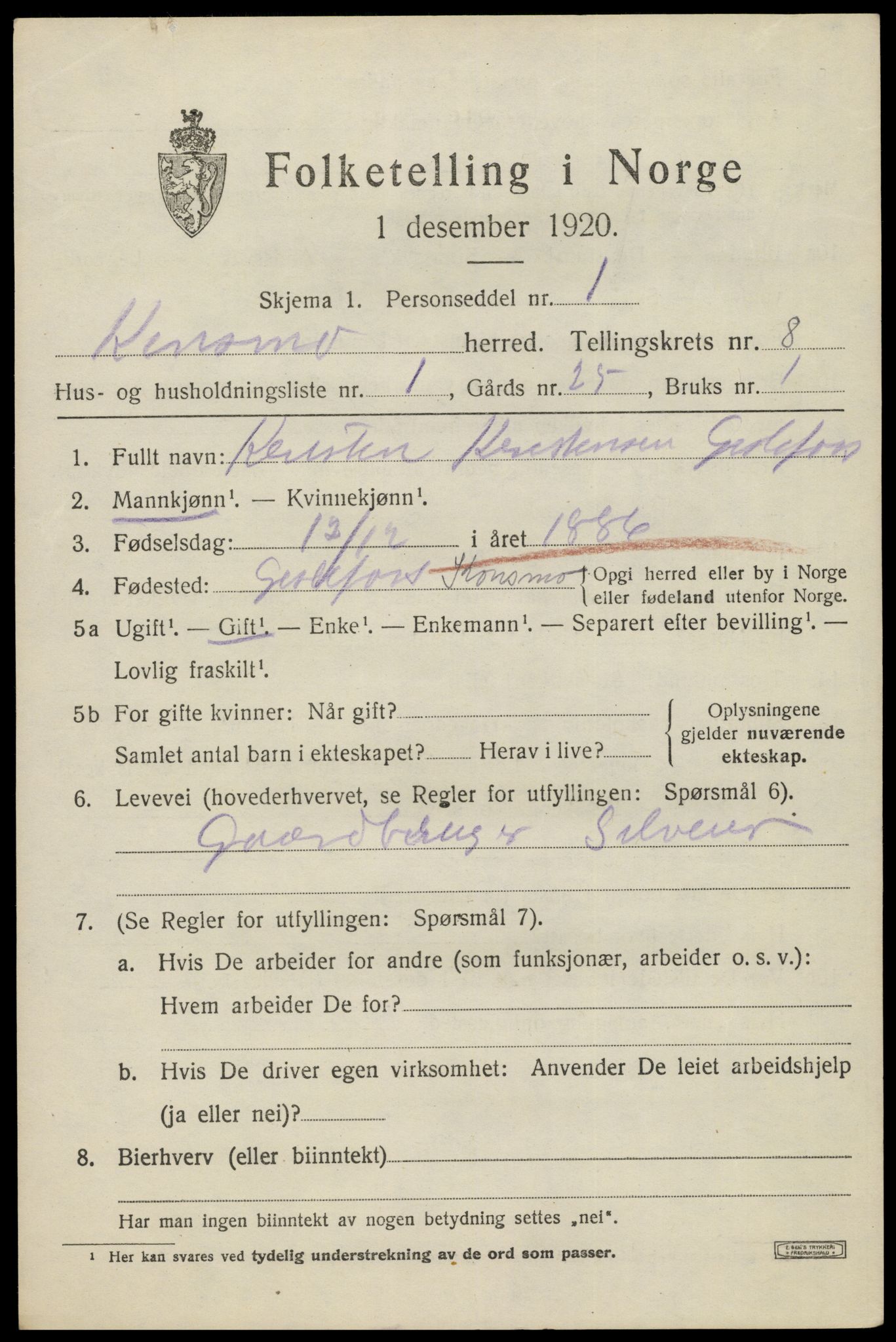 SAK, 1920 census for Konsmo, 1920, p. 1636