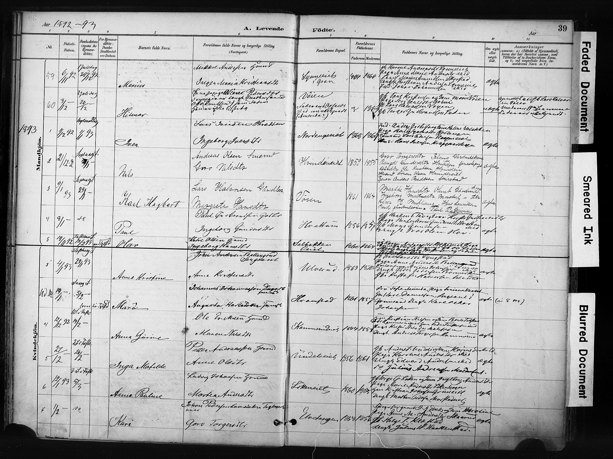 Gran prestekontor, SAH/PREST-112/H/Ha/Haa/L0017: Parish register (official) no. 17, 1889-1897, p. 39