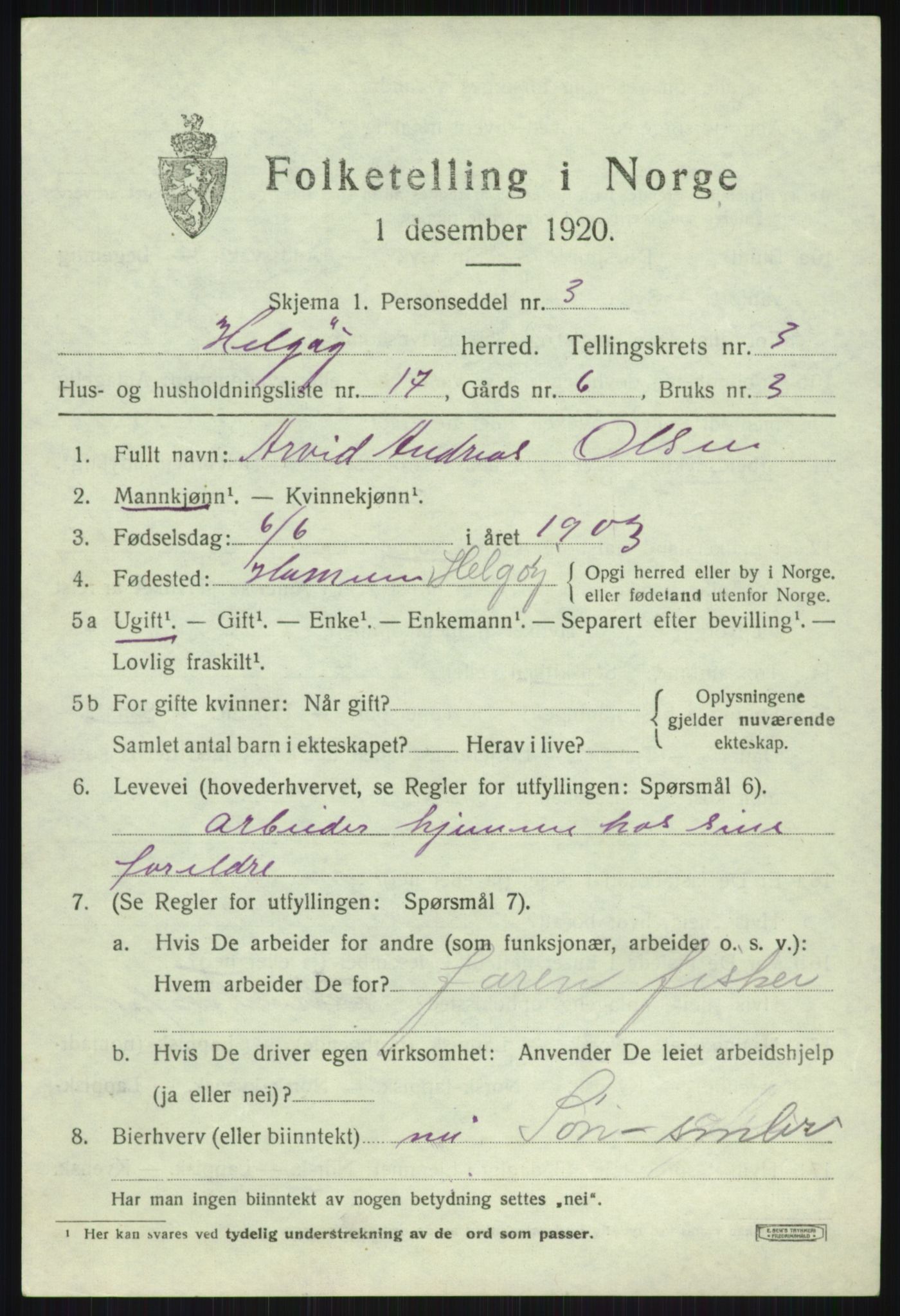 SATØ, 1920 census for Helgøy, 1920, p. 1603