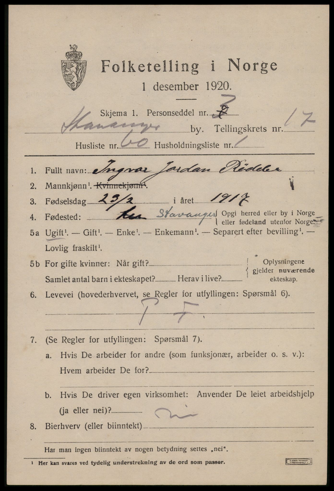 SAST, 1920 census for Stavanger, 1920, p. 66070