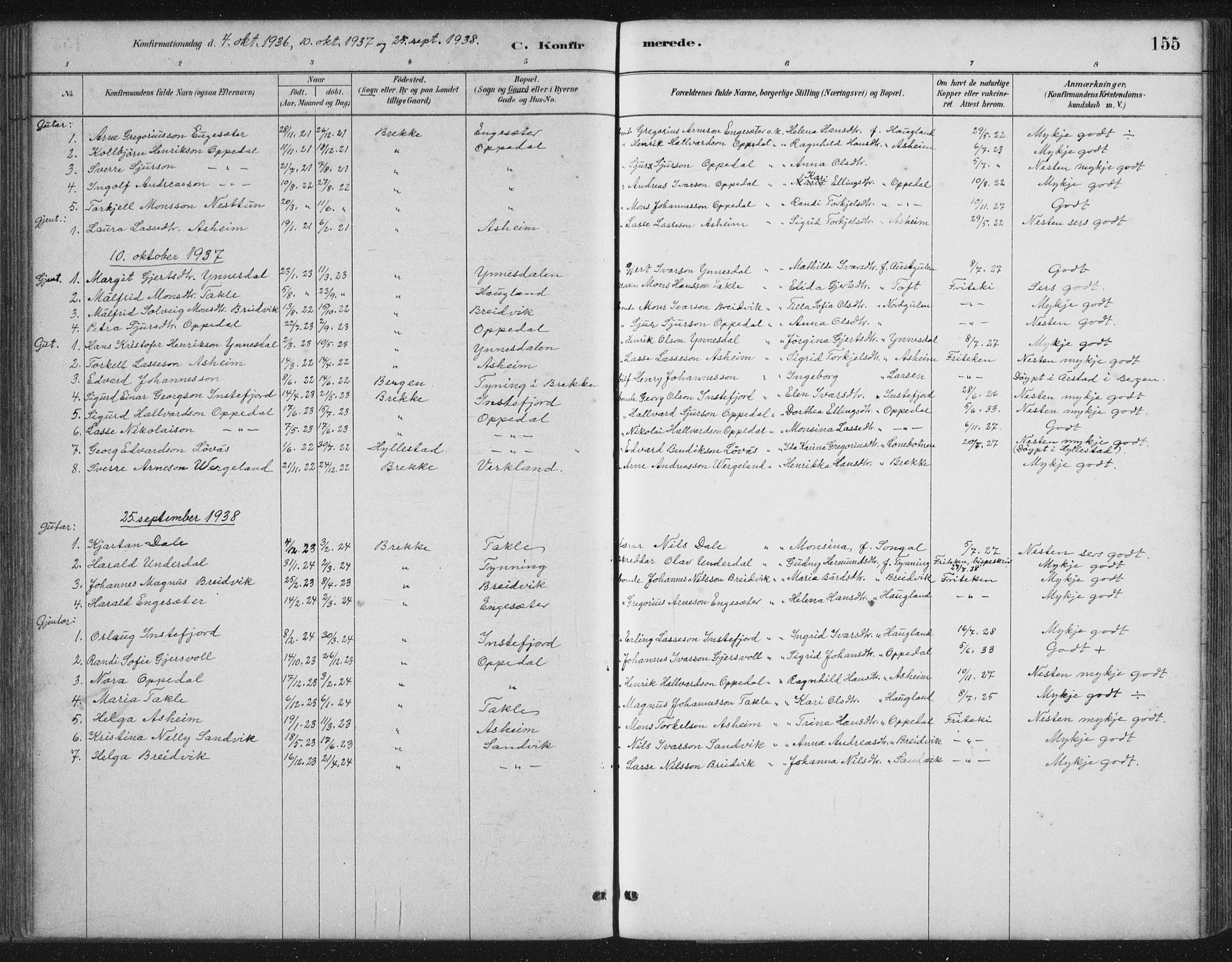 Gulen sokneprestembete, AV/SAB-A-80201/H/Hab/Habc/L0002: Parish register (copy) no. C 2, 1880-1938, p. 155