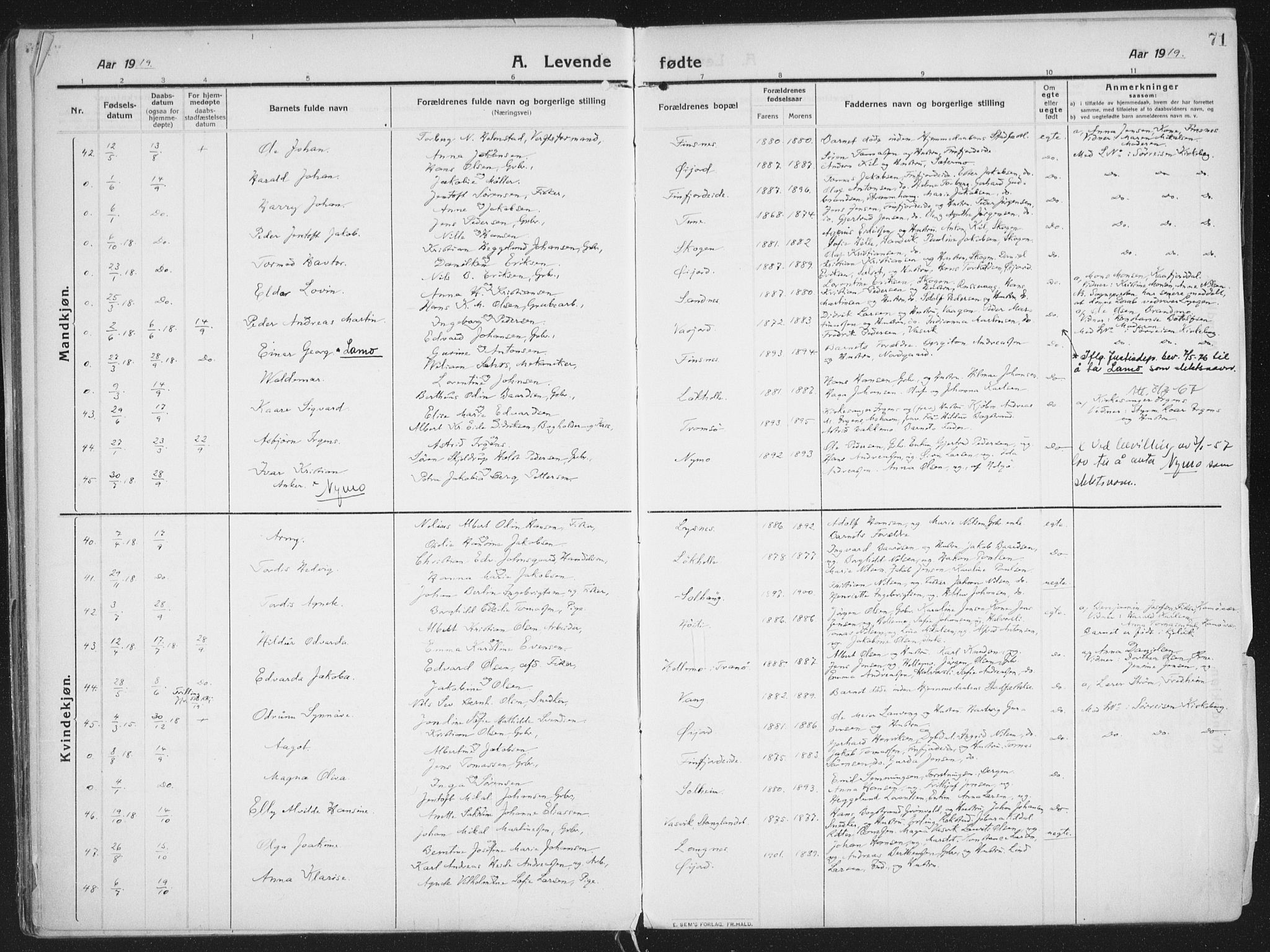 Lenvik sokneprestembete, AV/SATØ-S-1310/H/Ha/Haa/L0016kirke: Parish register (official) no. 16, 1910-1924, p. 71