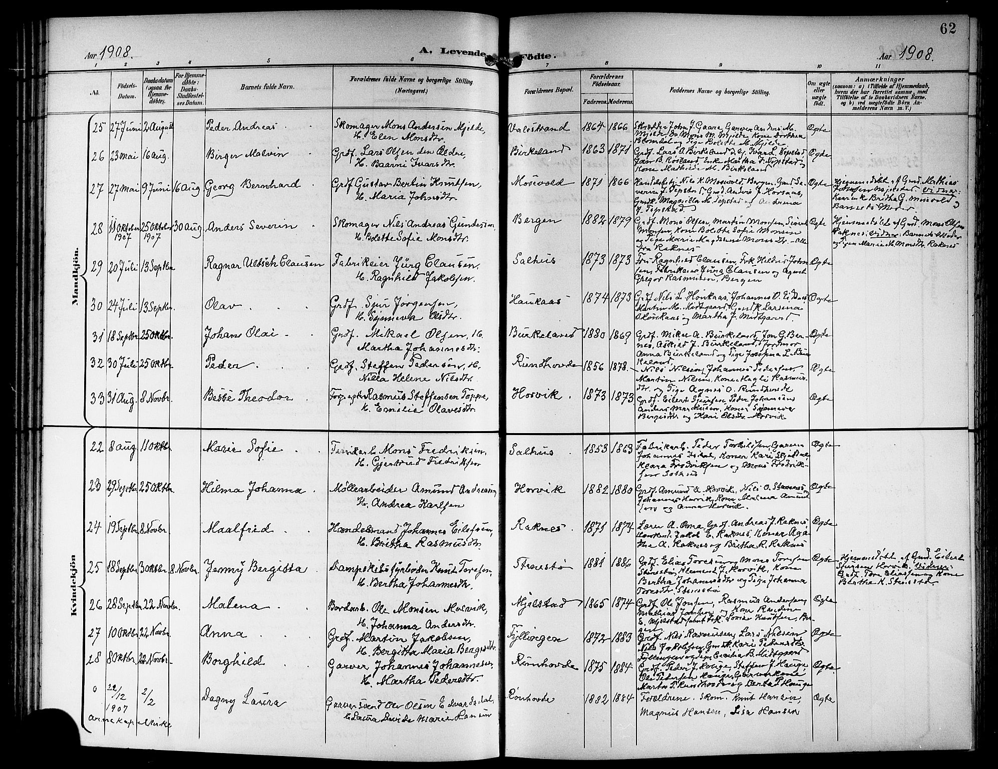 Hamre sokneprestembete, SAB/A-75501/H/Ha/Hab: Parish register (copy) no. B 4, 1898-1919, p. 62