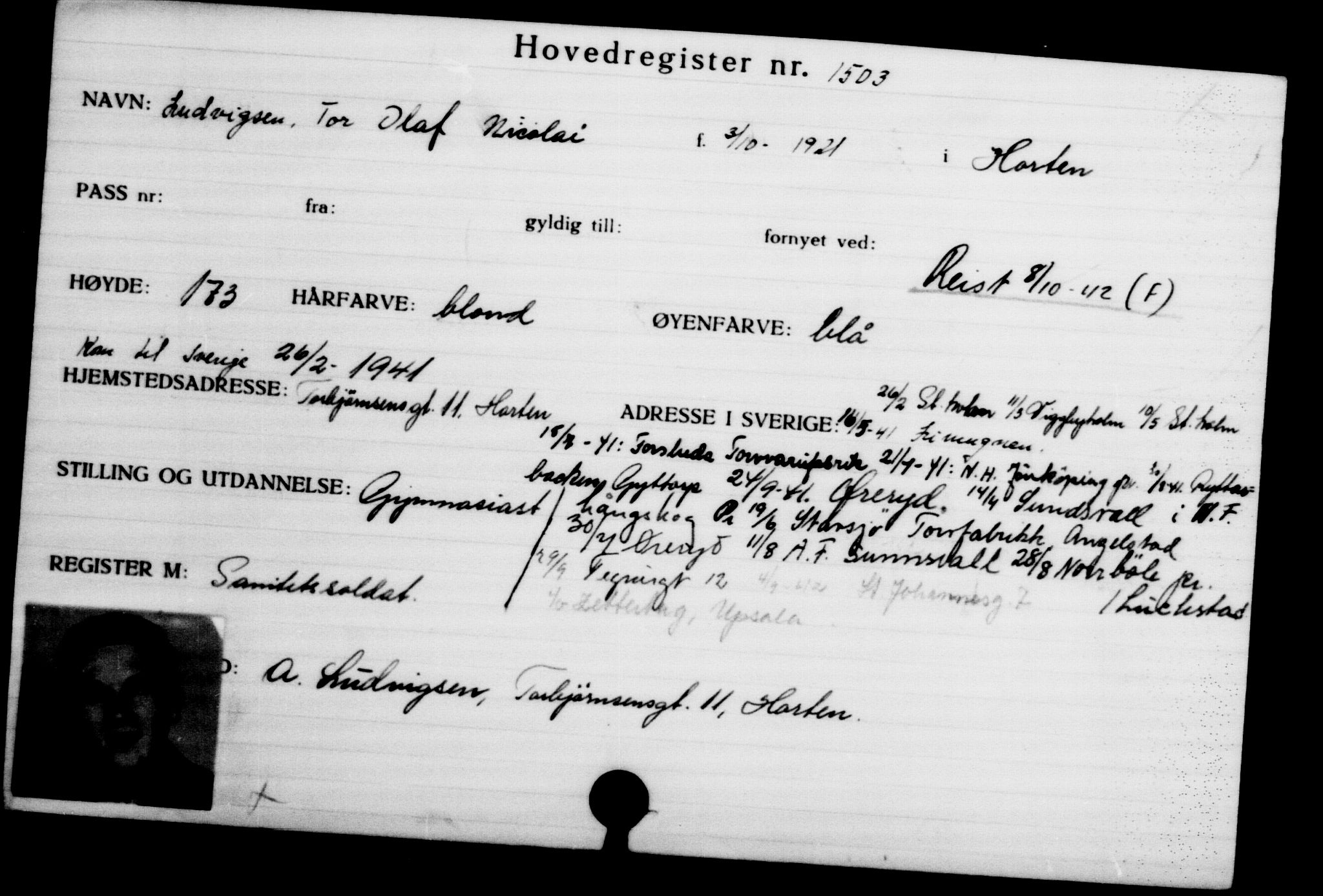 Utenriksstasjonene, Legasjonen i Stockholm, Flyktningkontoret, AV/RA-S-6753/V/Va/L0002: Kjesäterkartoteket, flyktninger med registreringsnr. 1001-2000, 1940-1945, p. 709