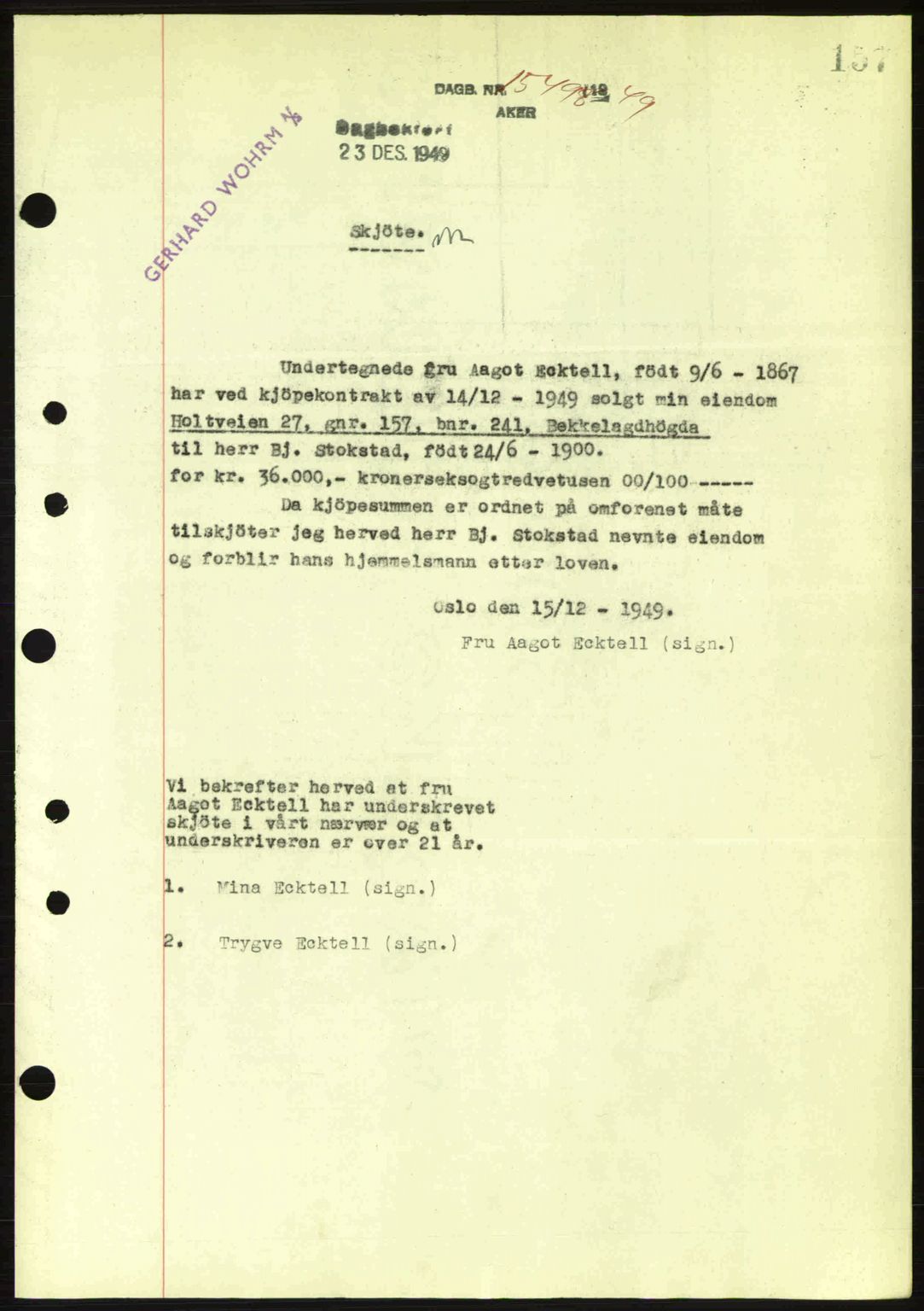 Oslo byskriverembete, AV/SAO-A-10227/G/Gb/Gbd/Gbda/L0017: Mortgage book no. A215, 1949-1950, Diary no: : 15496/1949