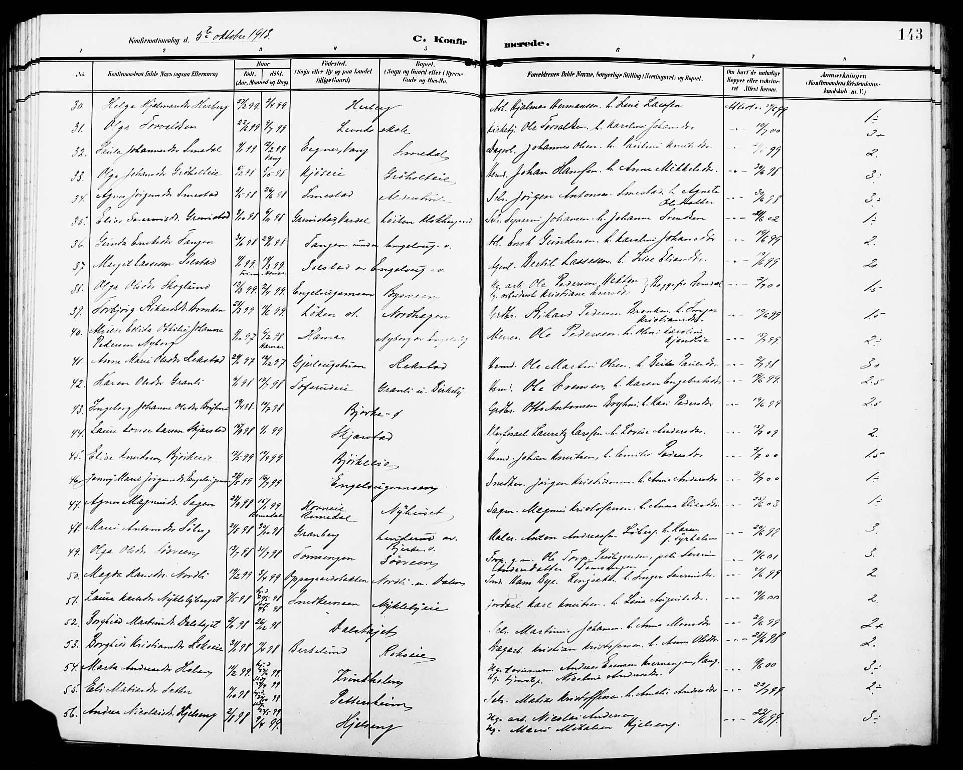 Løten prestekontor, SAH/PREST-022/L/La/L0007: Parish register (copy) no. 7, 1910-1919, p. 143