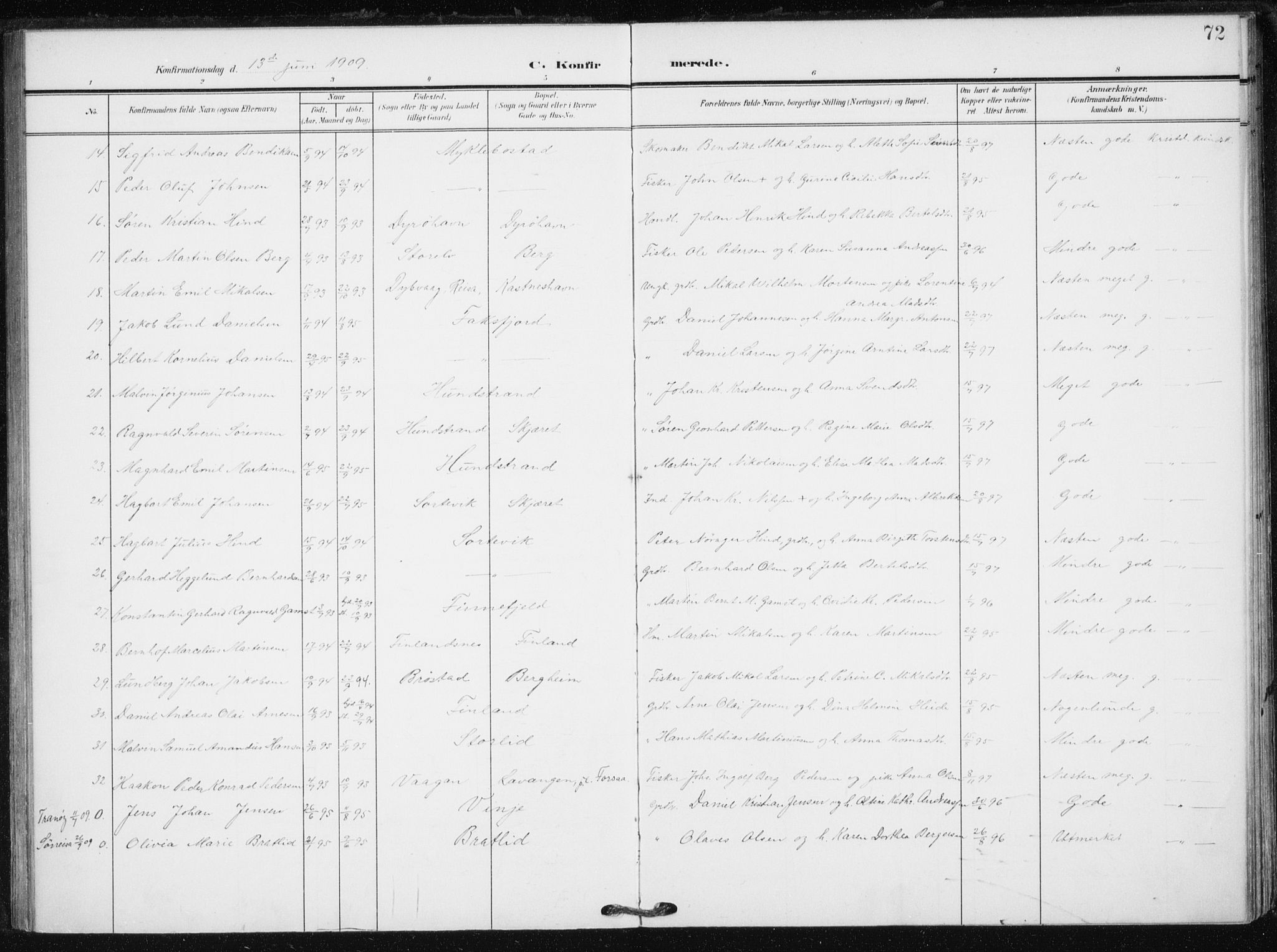 Tranøy sokneprestkontor, AV/SATØ-S-1313/I/Ia/Iaa/L0013kirke: Parish register (official) no. 13, 1905-1922, p. 72