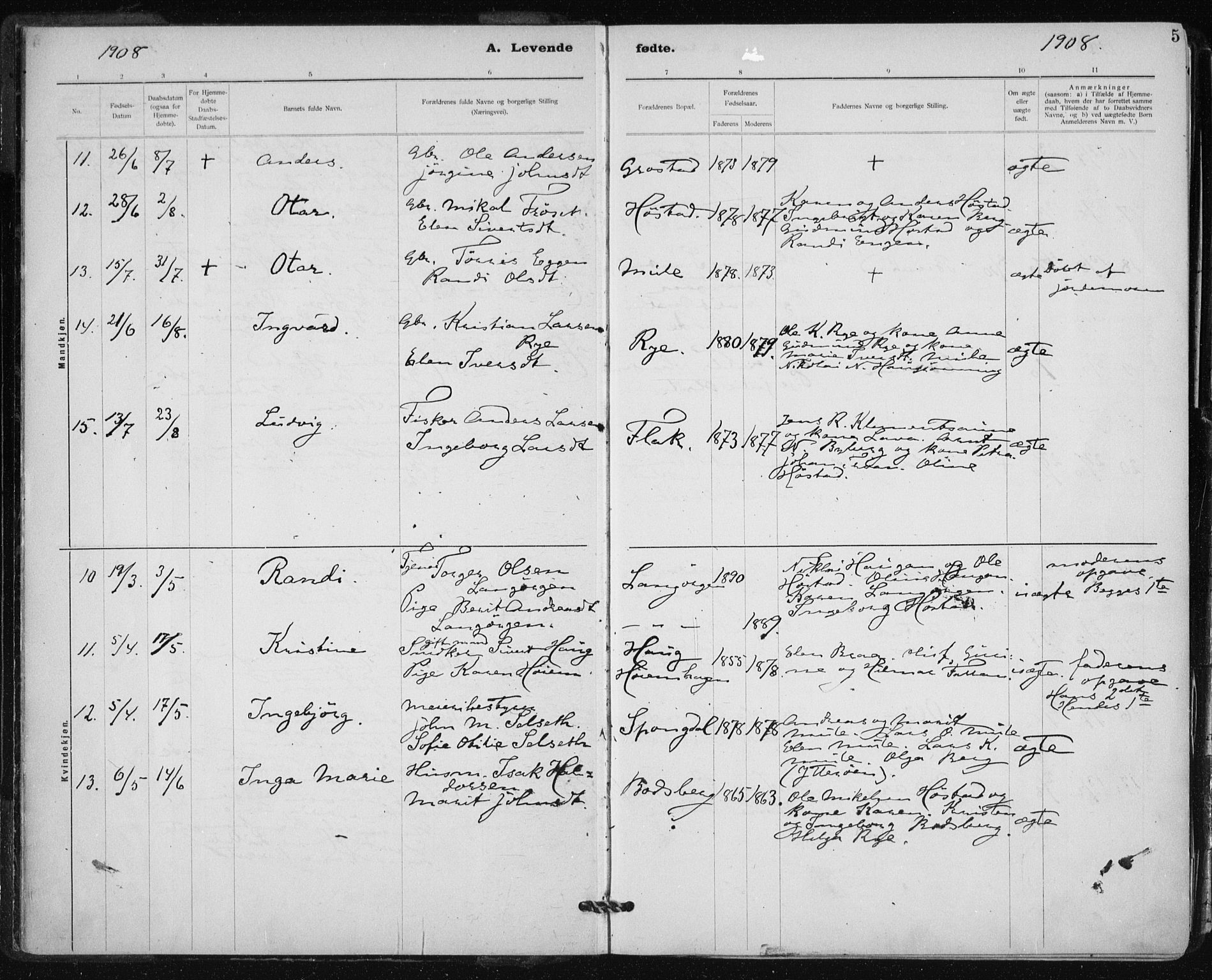 Ministerialprotokoller, klokkerbøker og fødselsregistre - Sør-Trøndelag, AV/SAT-A-1456/612/L0381: Parish register (official) no. 612A13, 1907-1923, p. 5