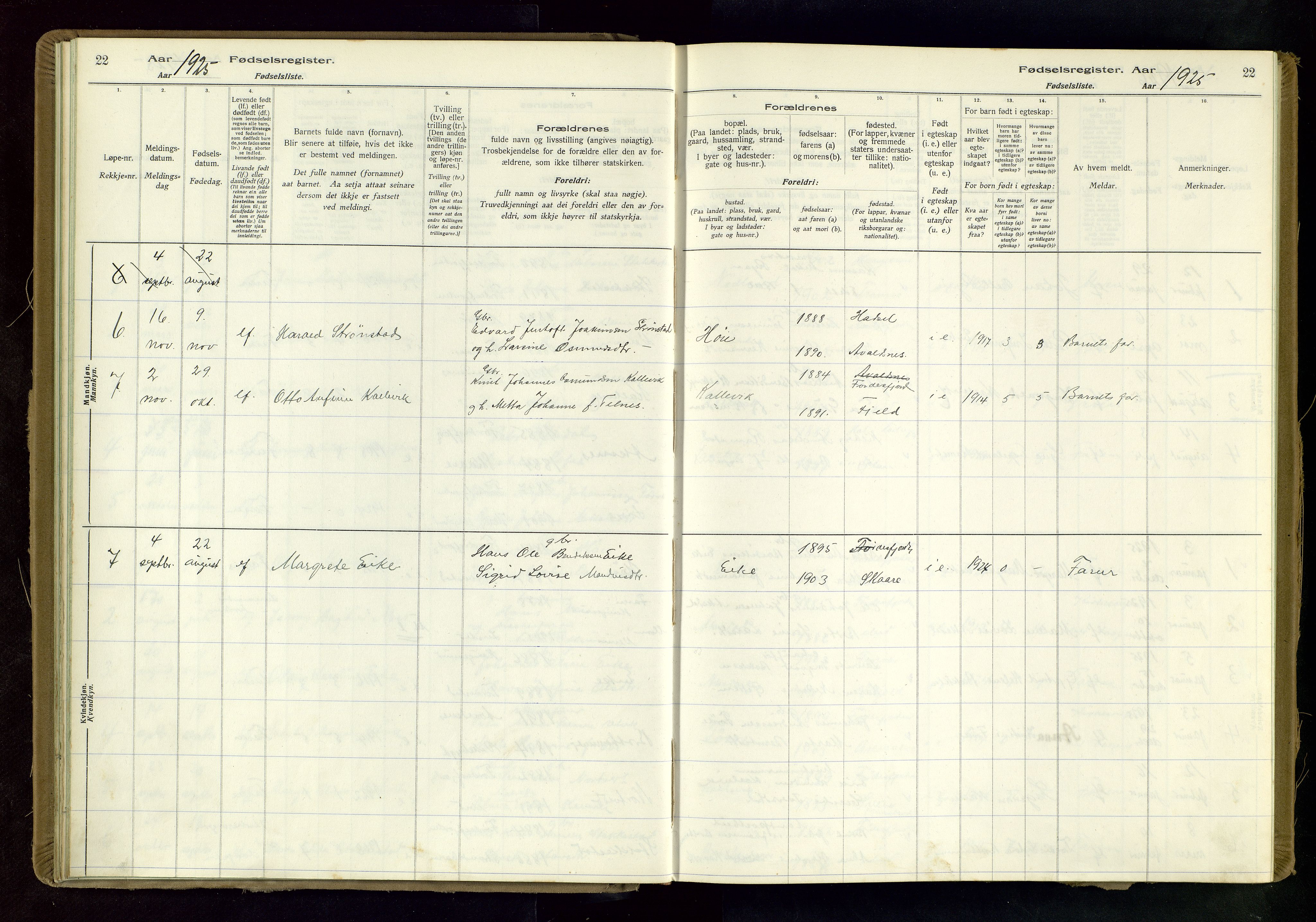 Tysvær sokneprestkontor, AV/SAST-A -101864/I/Id/L0004: Birth register no. 4, 1916-1979, p. 22