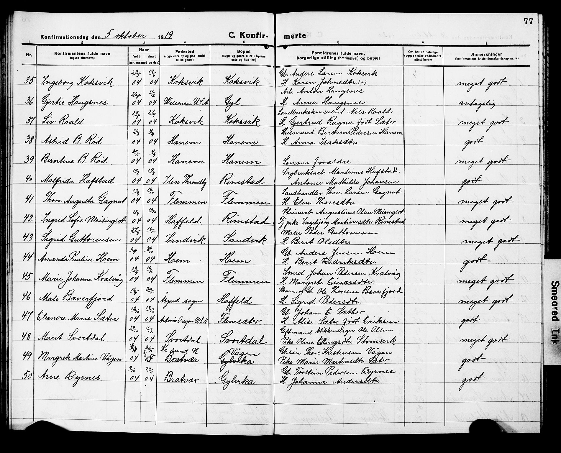 Ministerialprotokoller, klokkerbøker og fødselsregistre - Møre og Romsdal, AV/SAT-A-1454/586/L0994: Parish register (copy) no. 586C05, 1919-1927, p. 77