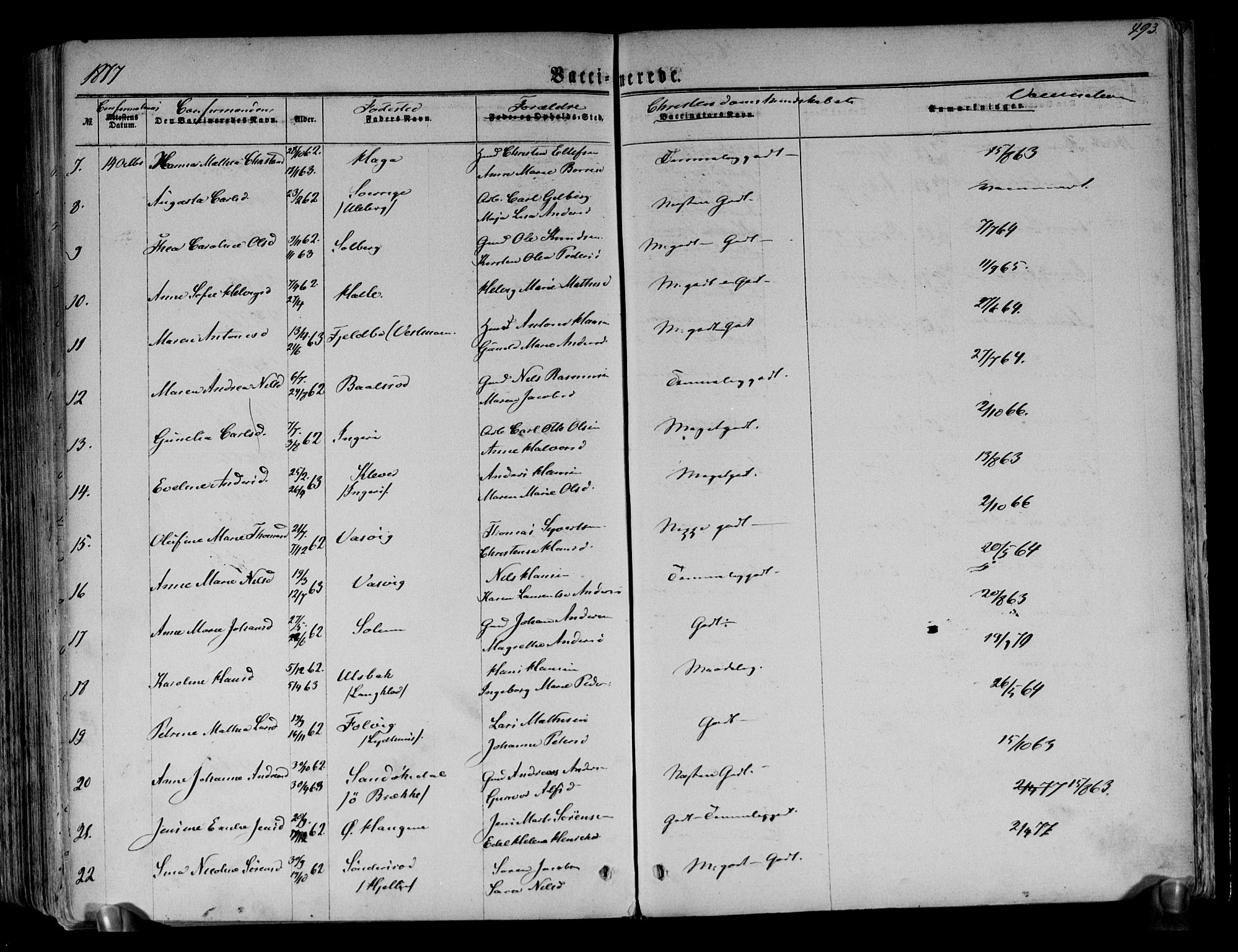 Brunlanes kirkebøker, AV/SAKO-A-342/F/Fa/L0005: Parish register (official) no. I 5, 1862-1877, p. 493