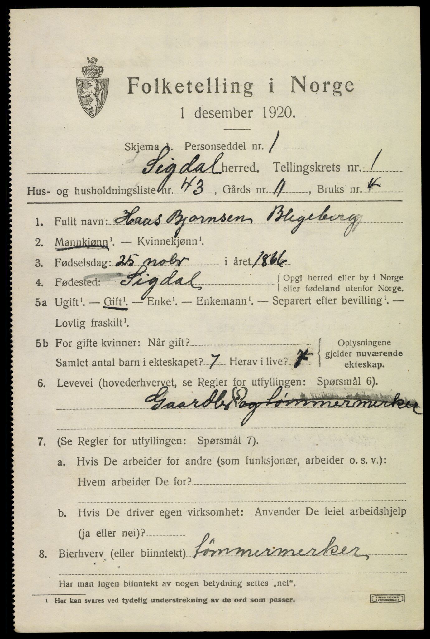 SAKO, 1920 census for Sigdal, 1920, p. 1928