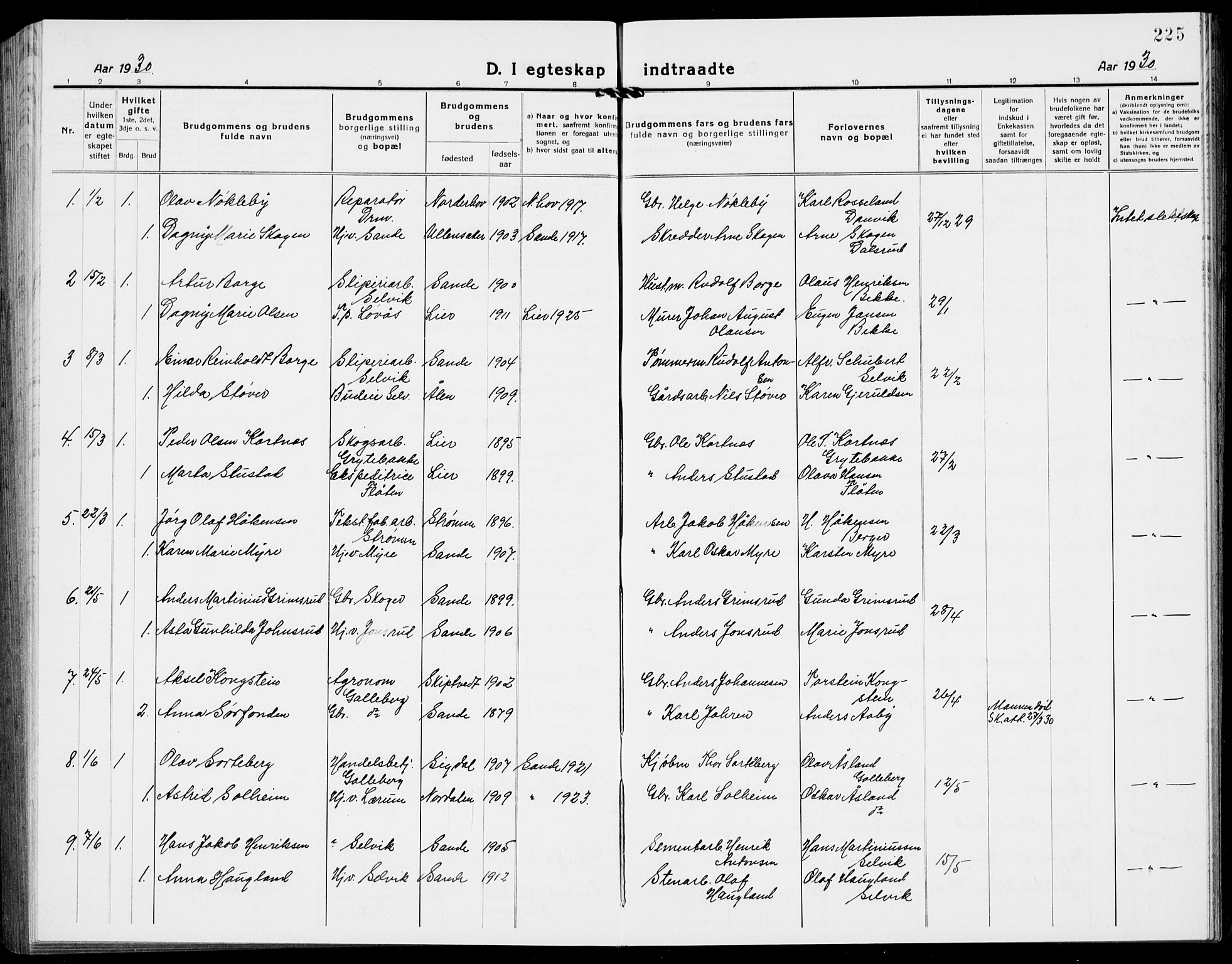 Sande Kirkebøker, AV/SAKO-A-53/G/Ga/L0005: Parish register (copy) no. 5, 1919-1937, p. 225